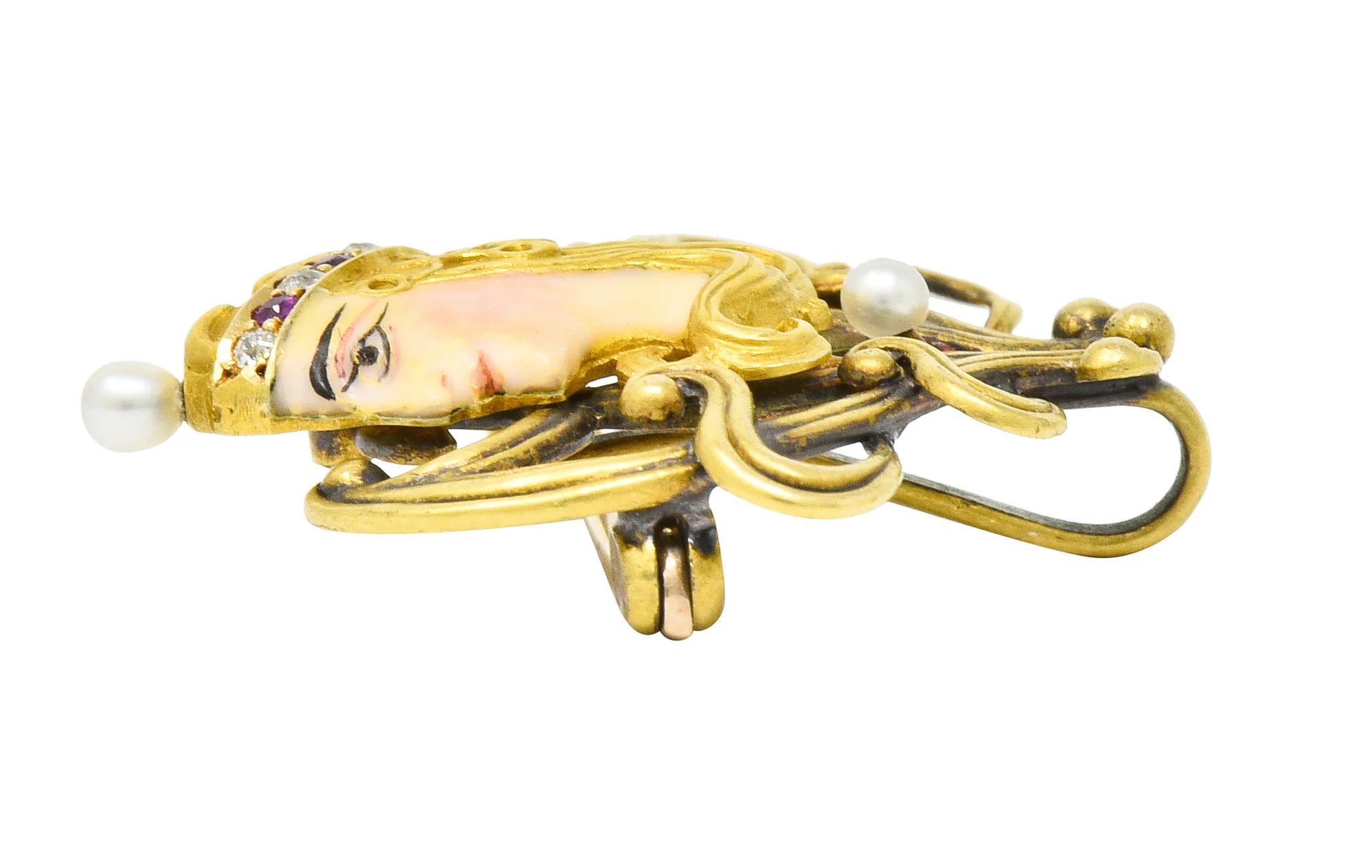 Art Nouveau Enamel Pearl Ruby Diamond 14 Karat Gold Whiplash Empress Pendant Brooch - Image 10