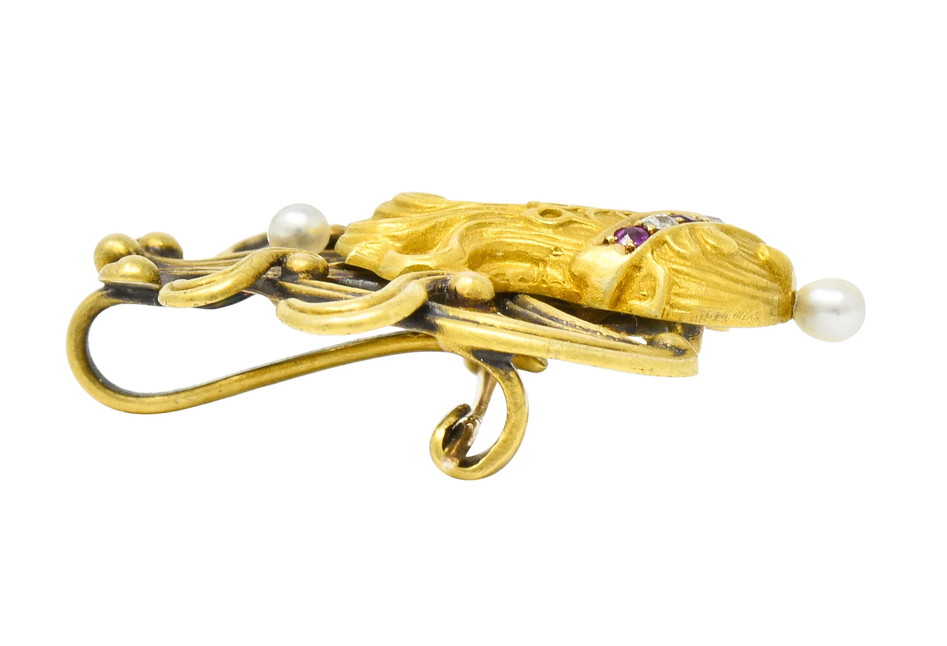 Art Nouveau Enamel Pearl Ruby Diamond 14 Karat Gold Whiplash Empress Pendant Brooch - Image 11
