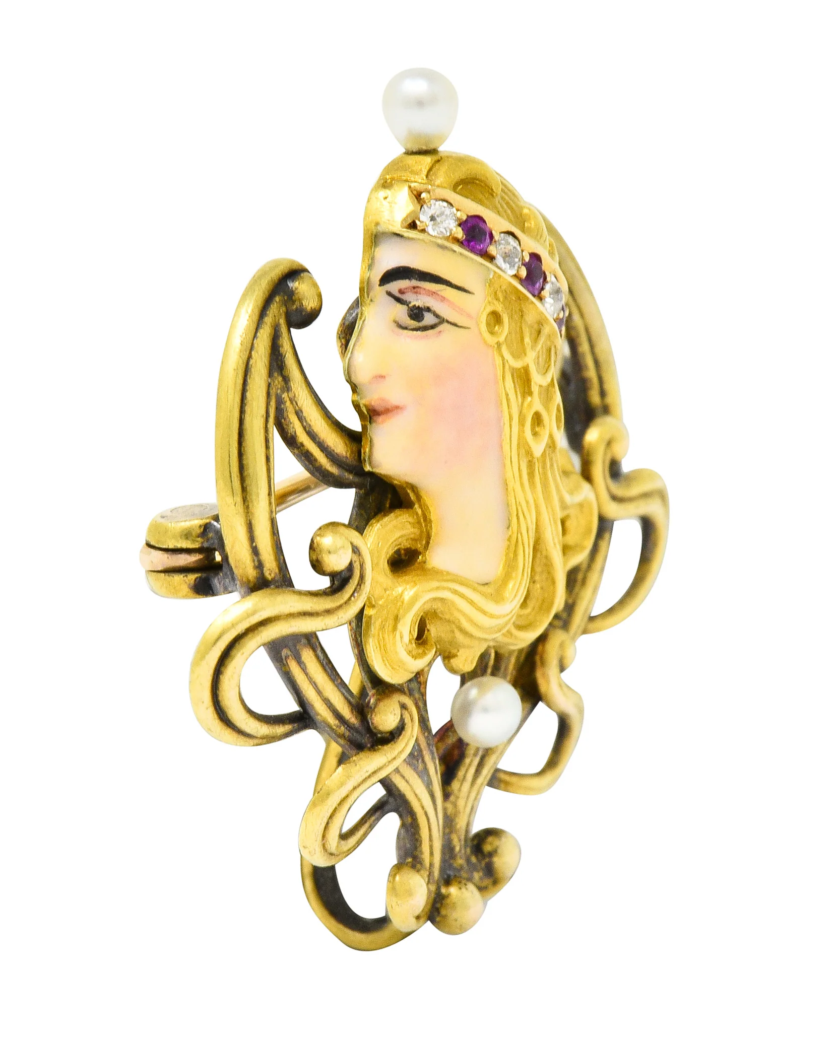 Art Nouveau Enamel Pearl Ruby Diamond 14 Karat Gold Whiplash Empress Pendant Brooch - Image 2