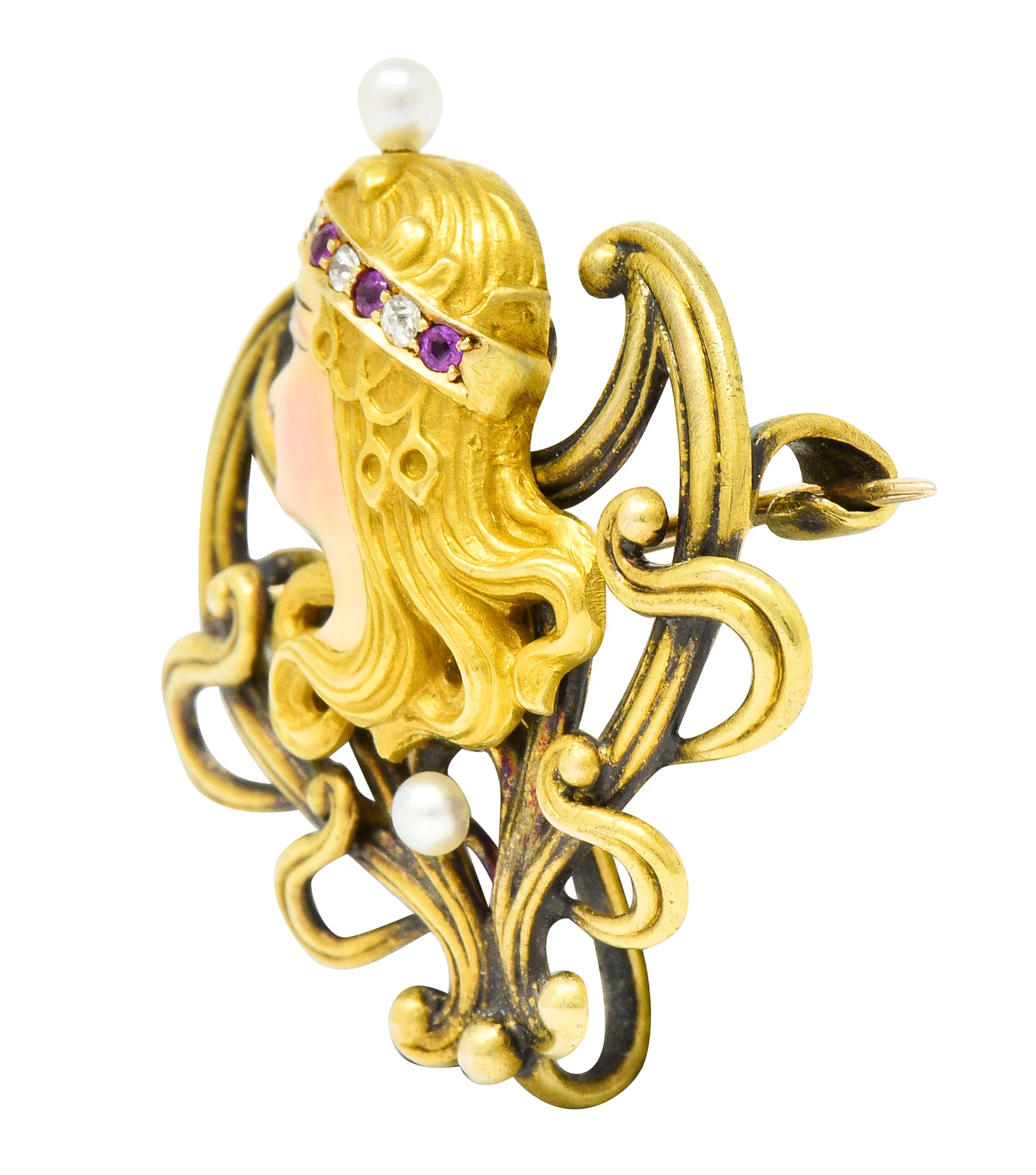 Art Nouveau Enamel Pearl Ruby Diamond 14 Karat Gold Whiplash Empress Pendant Brooch - Image 3