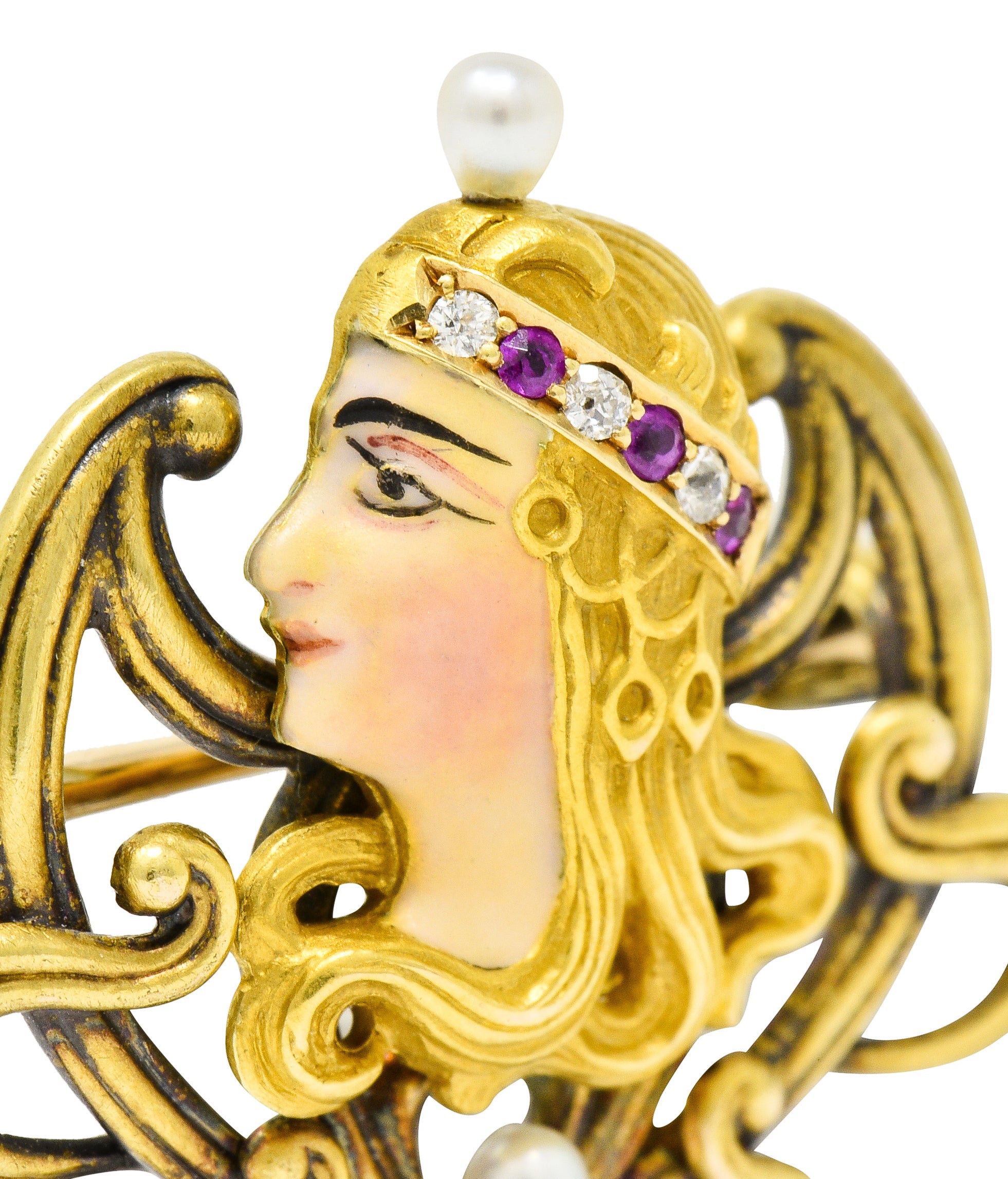 Art Nouveau Enamel Pearl Ruby Diamond 14 Karat Gold Whiplash Empress Pendant Brooch - Image 4