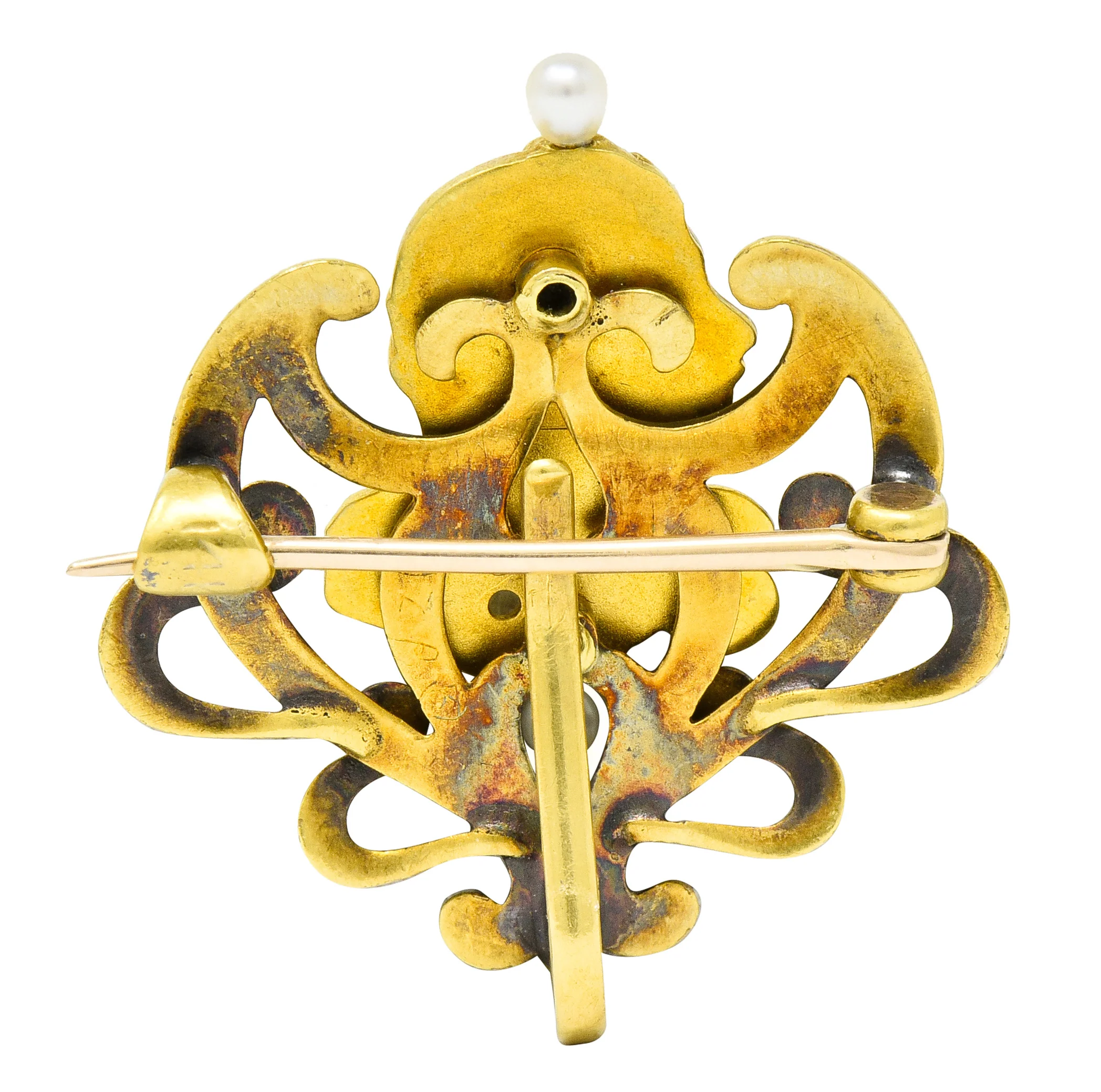 Art Nouveau Enamel Pearl Ruby Diamond 14 Karat Gold Whiplash Empress Pendant Brooch - Image 5