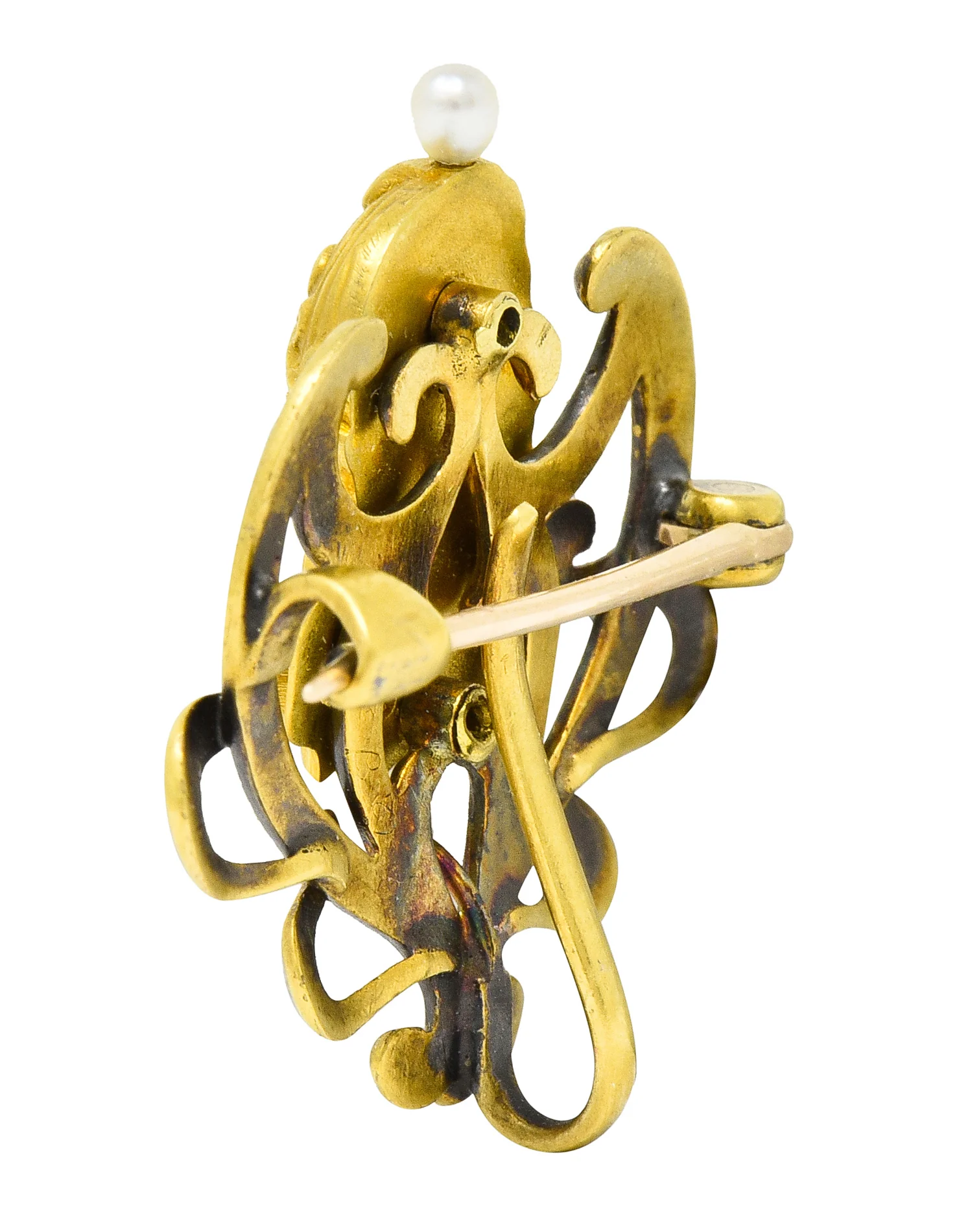 Art Nouveau Enamel Pearl Ruby Diamond 14 Karat Gold Whiplash Empress Pendant Brooch - Image 6