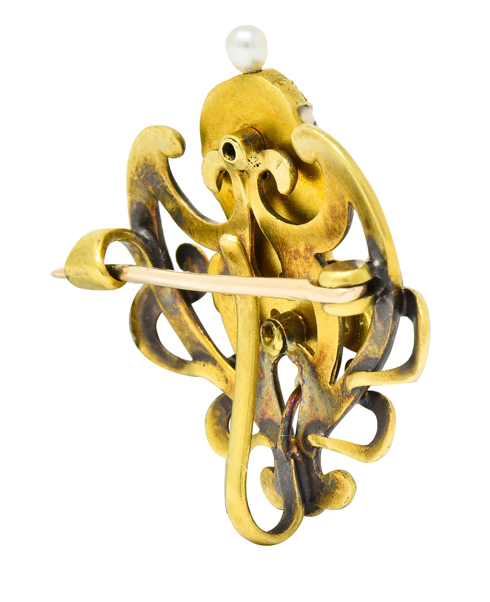 Art Nouveau Enamel Pearl Ruby Diamond 14 Karat Gold Whiplash Empress Pendant Brooch - Image 7