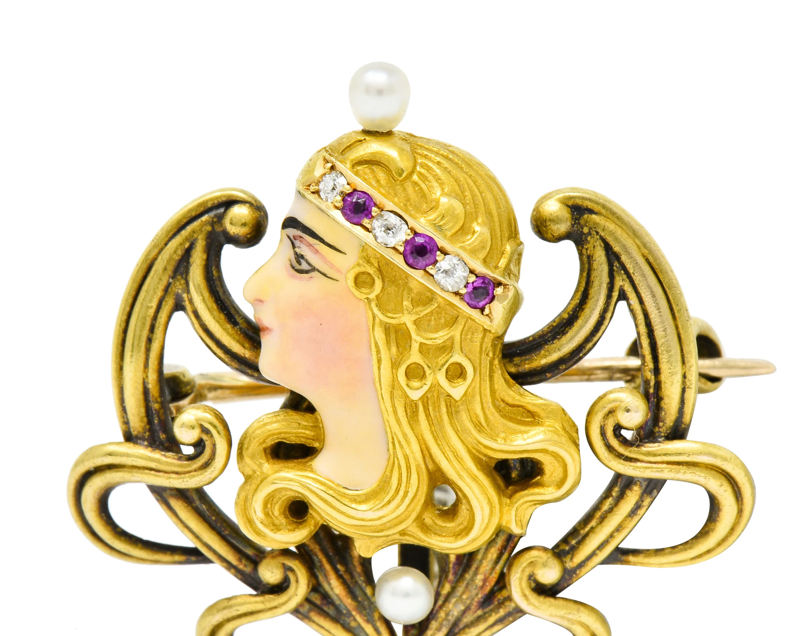 Art Nouveau Enamel Pearl Ruby Diamond 14 Karat Gold Whiplash Empress Pendant Brooch - Image 8
