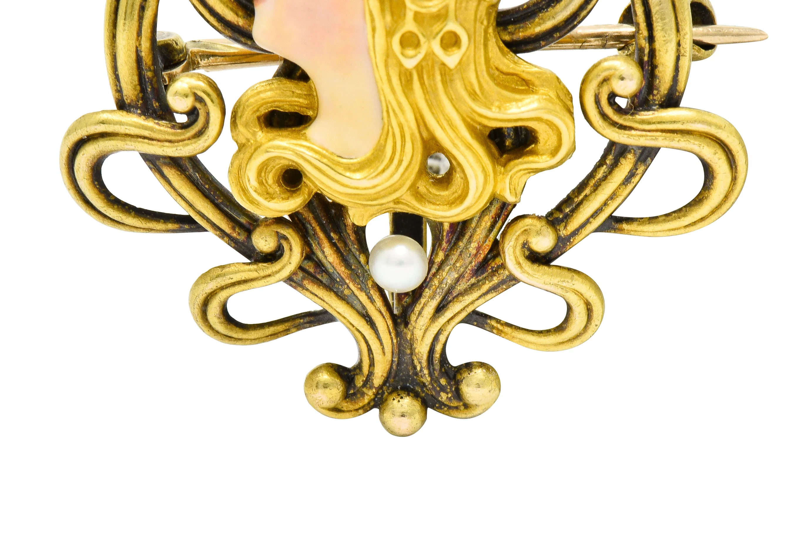 Art Nouveau Enamel Pearl Ruby Diamond 14 Karat Gold Whiplash Empress Pendant Brooch - Image 9