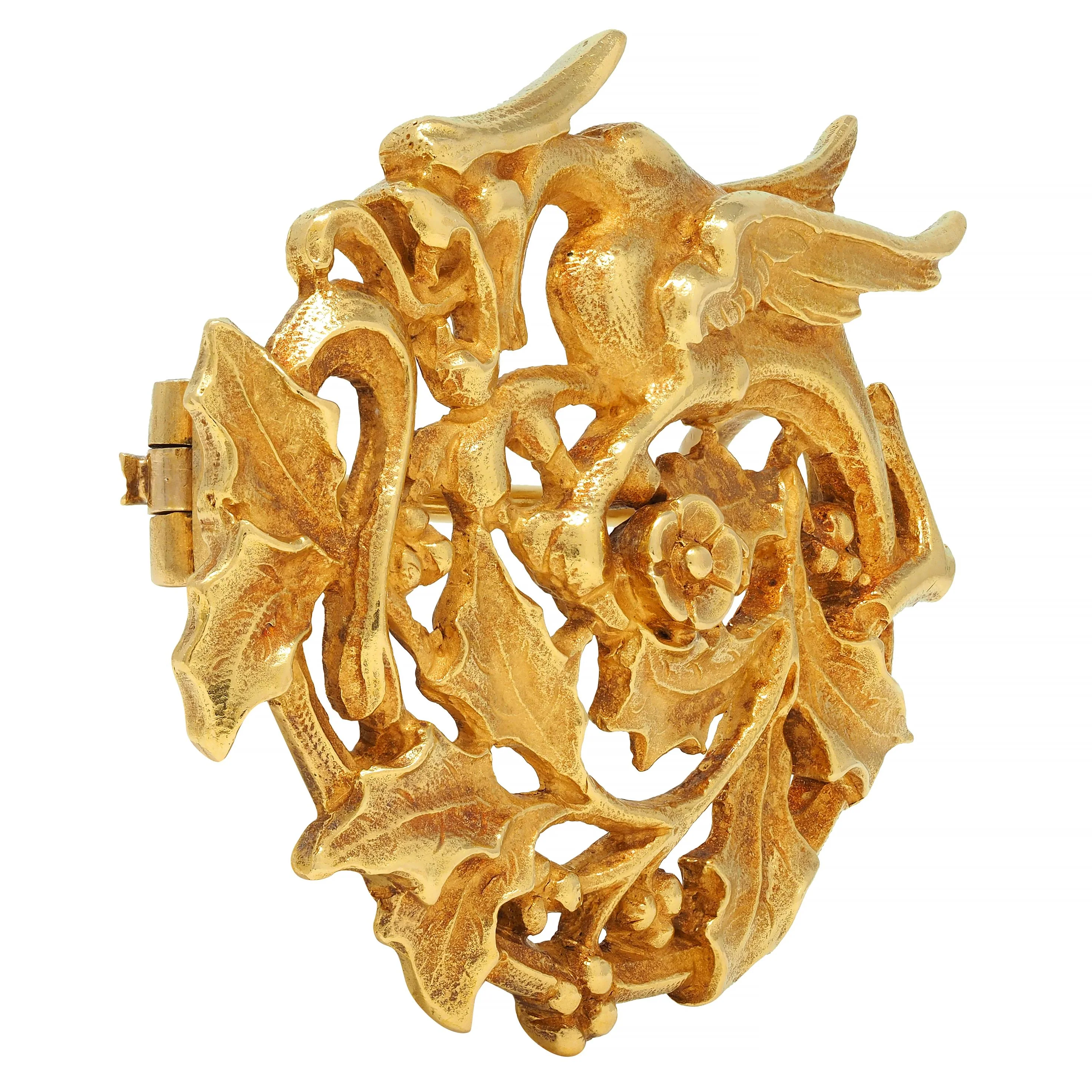 Art Nouveau French 18 Karat Yellow Gold Dragon Holly Circle Brooch - Image 2
