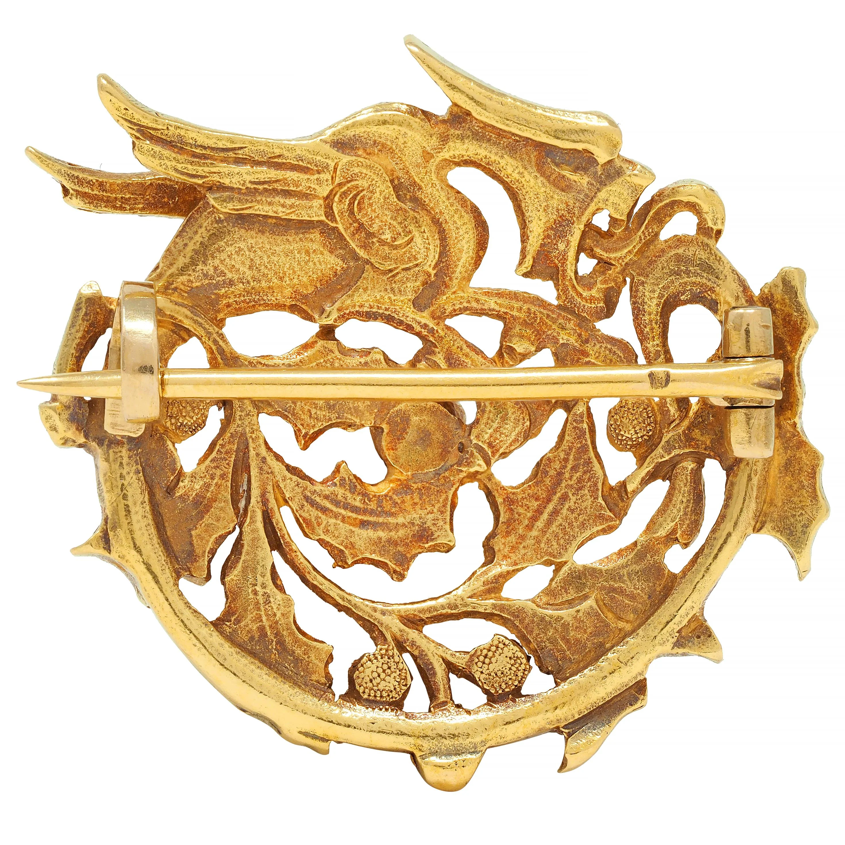Art Nouveau French 18 Karat Yellow Gold Dragon Holly Circle Brooch - Image 3
