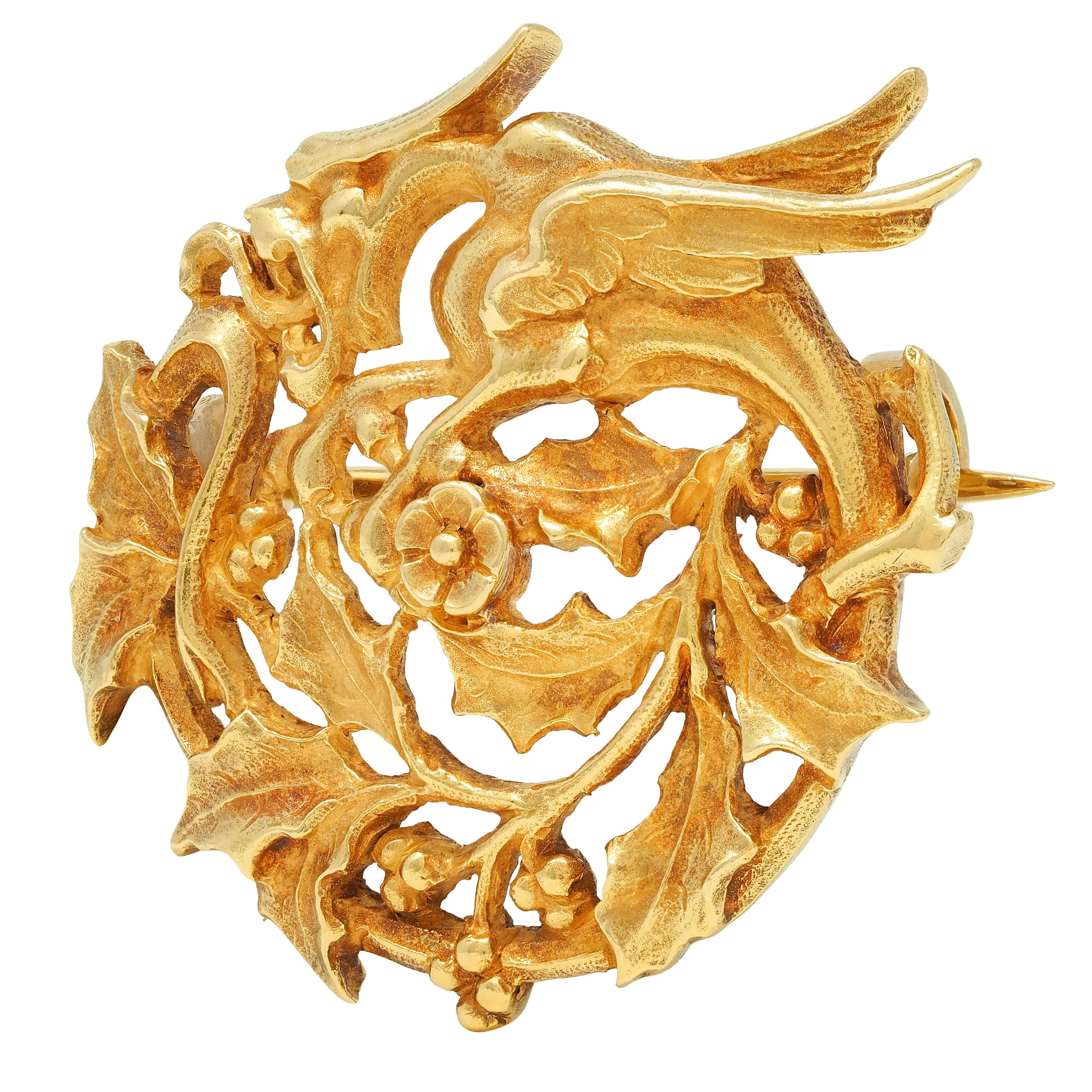 Art Nouveau French 18 Karat Yellow Gold Dragon Holly Circle Brooch - Image 4
