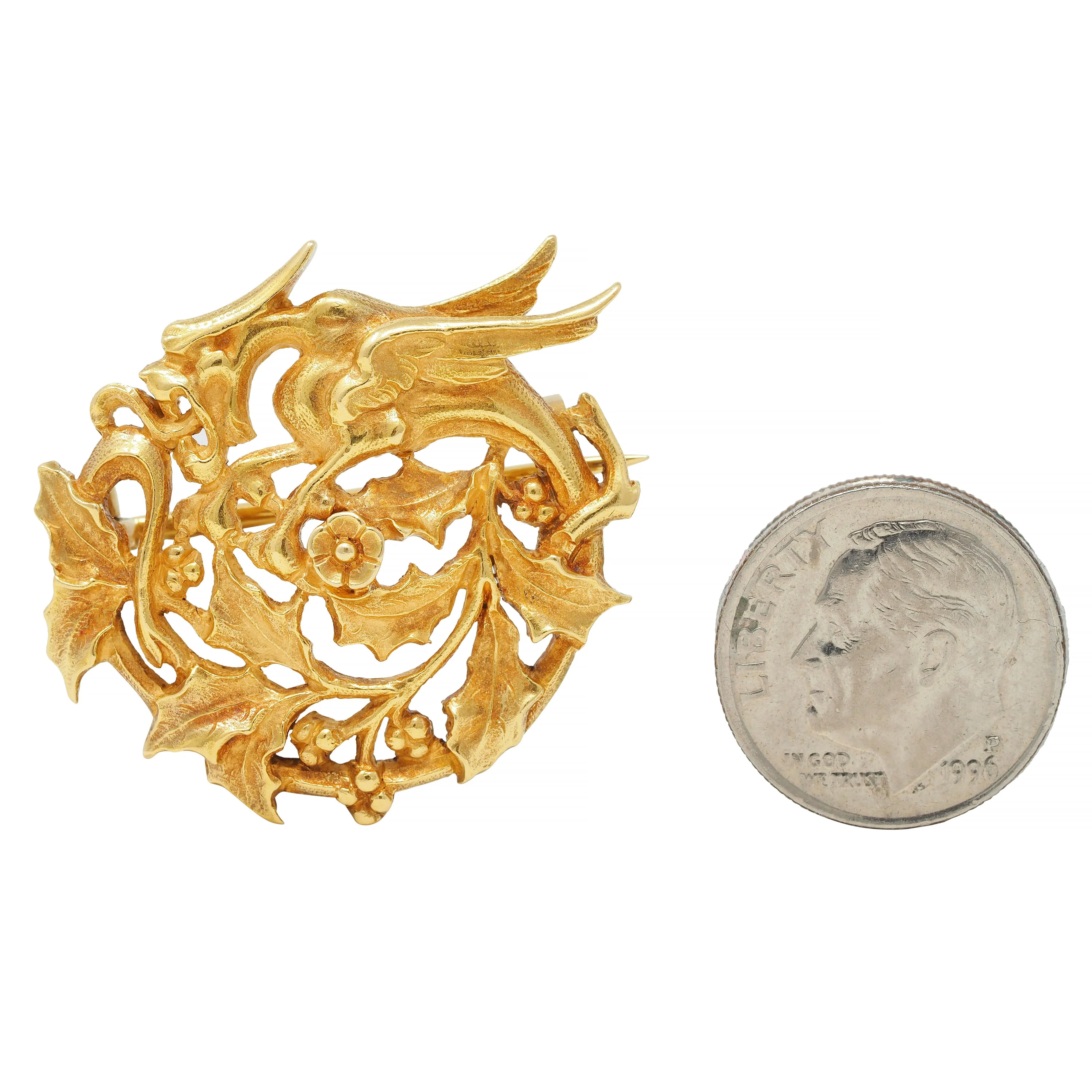 Art Nouveau French 18 Karat Yellow Gold Dragon Holly Circle Brooch - Image 8