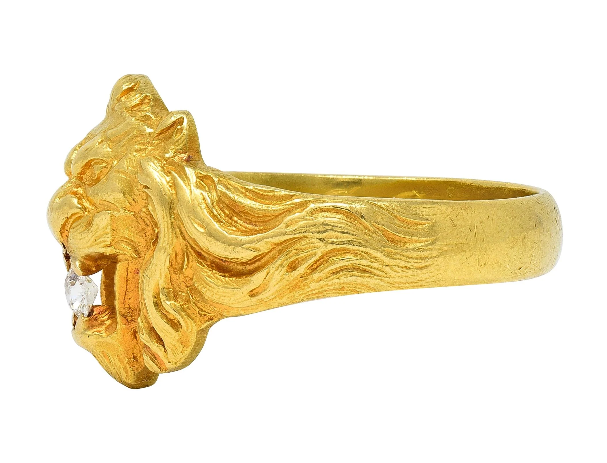 Art Nouveau French 1924 Diamond 18 Karat Yellow Gold Antique Lion Ring - Image 5