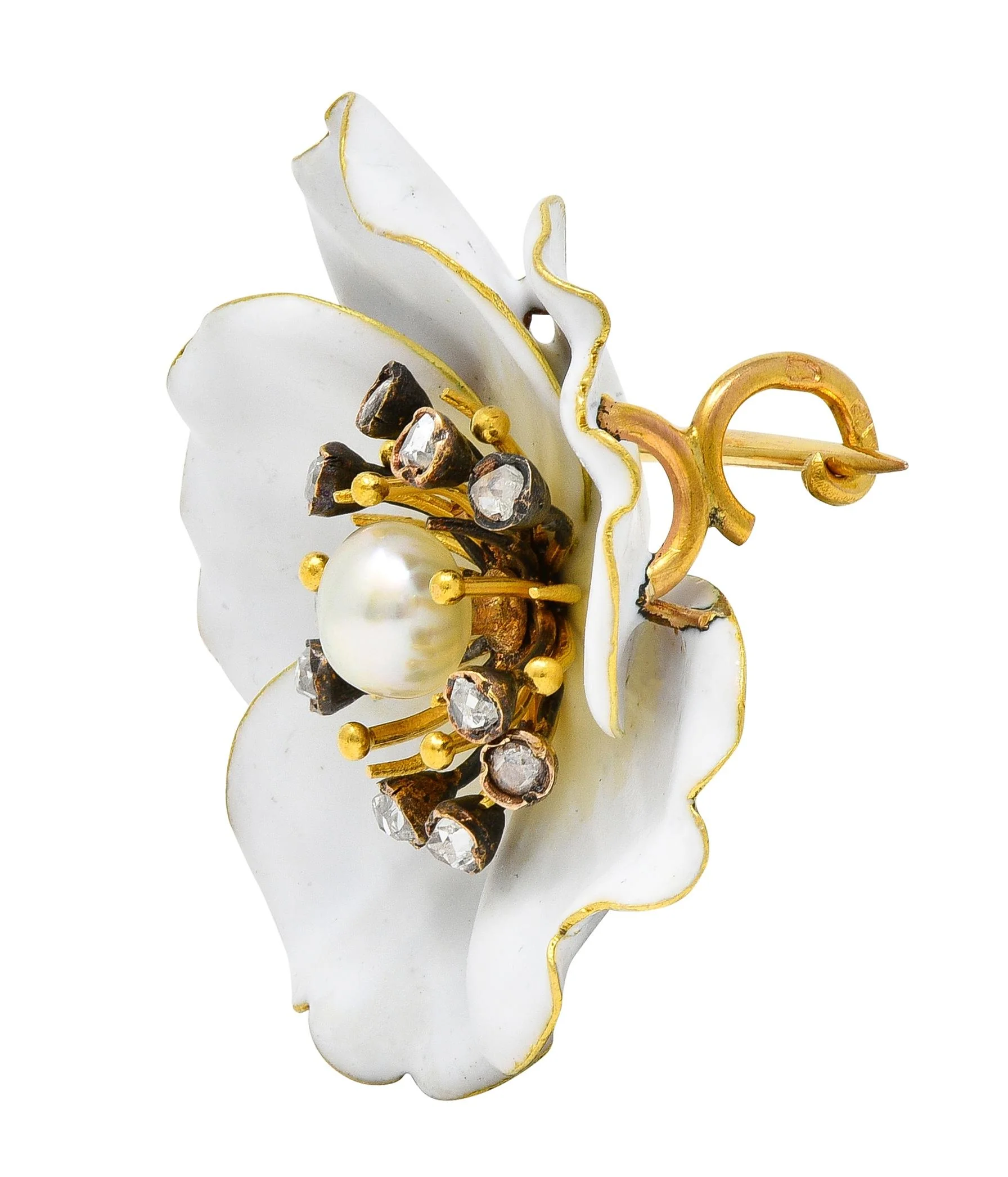 Art Nouveau French Diamond Pearl White Enamel 18 Karat Yellow Gold Antique Pansy Brooch - Image 3