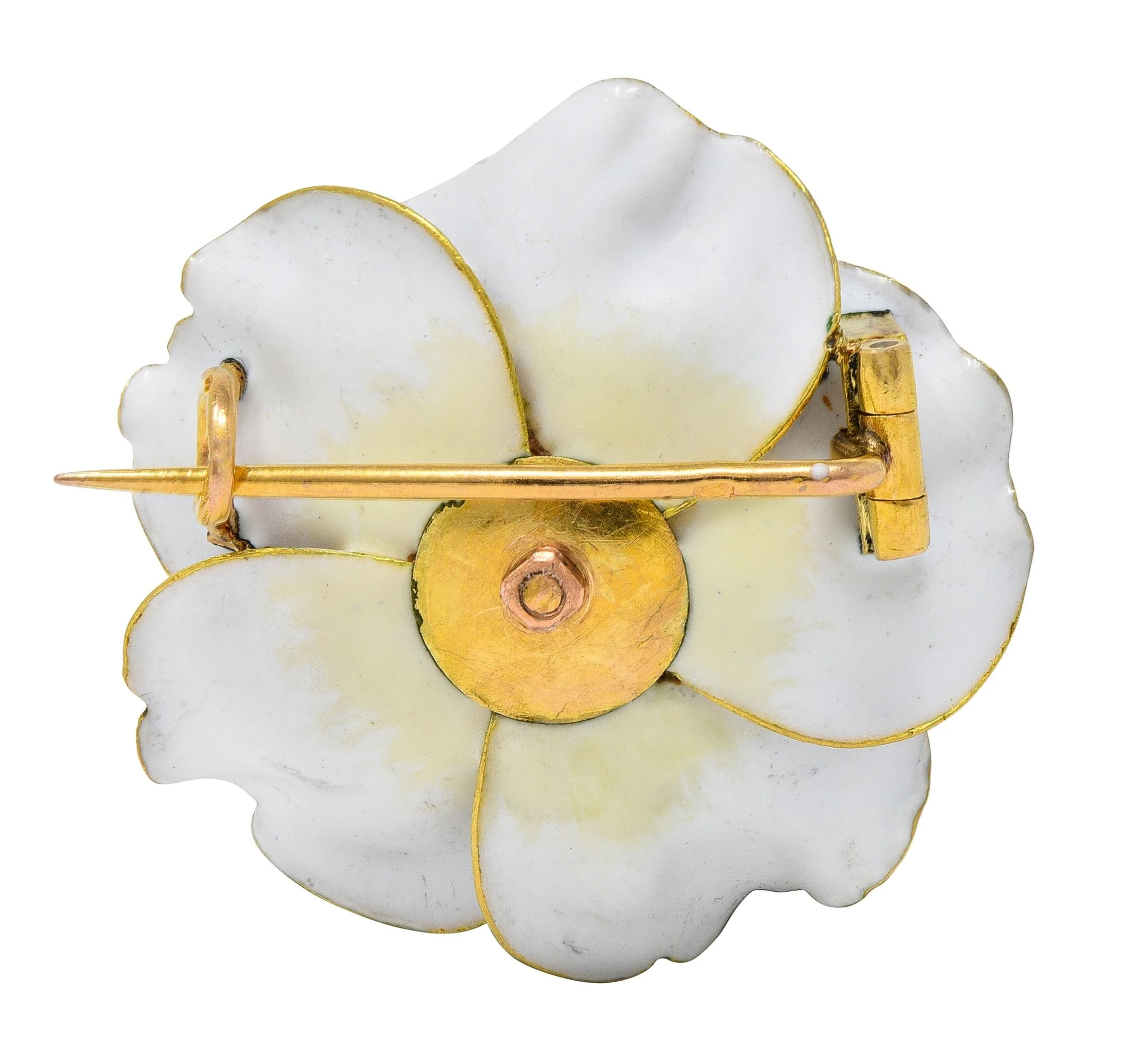 Art Nouveau French Diamond Pearl White Enamel 18 Karat Yellow Gold Antique Pansy Brooch - Image 4