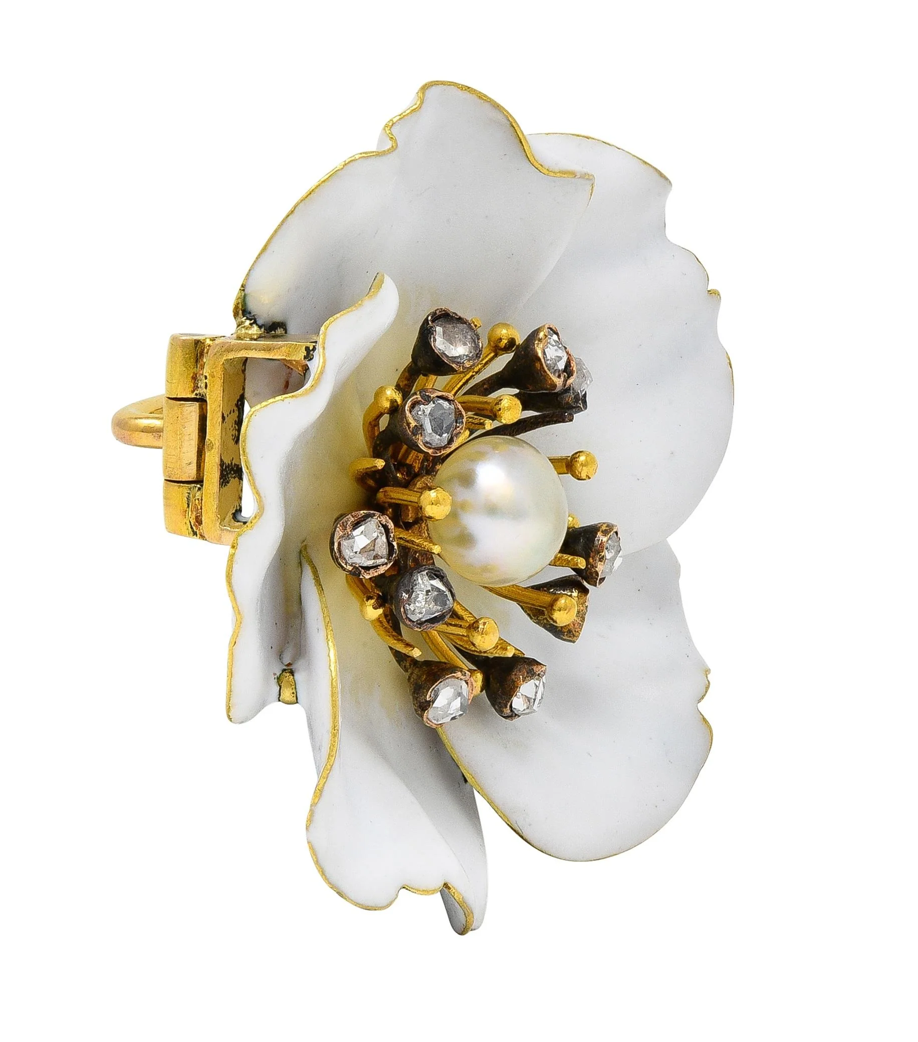 Art Nouveau French Diamond Pearl White Enamel 18 Karat Yellow Gold Antique Pansy Brooch - Image 5