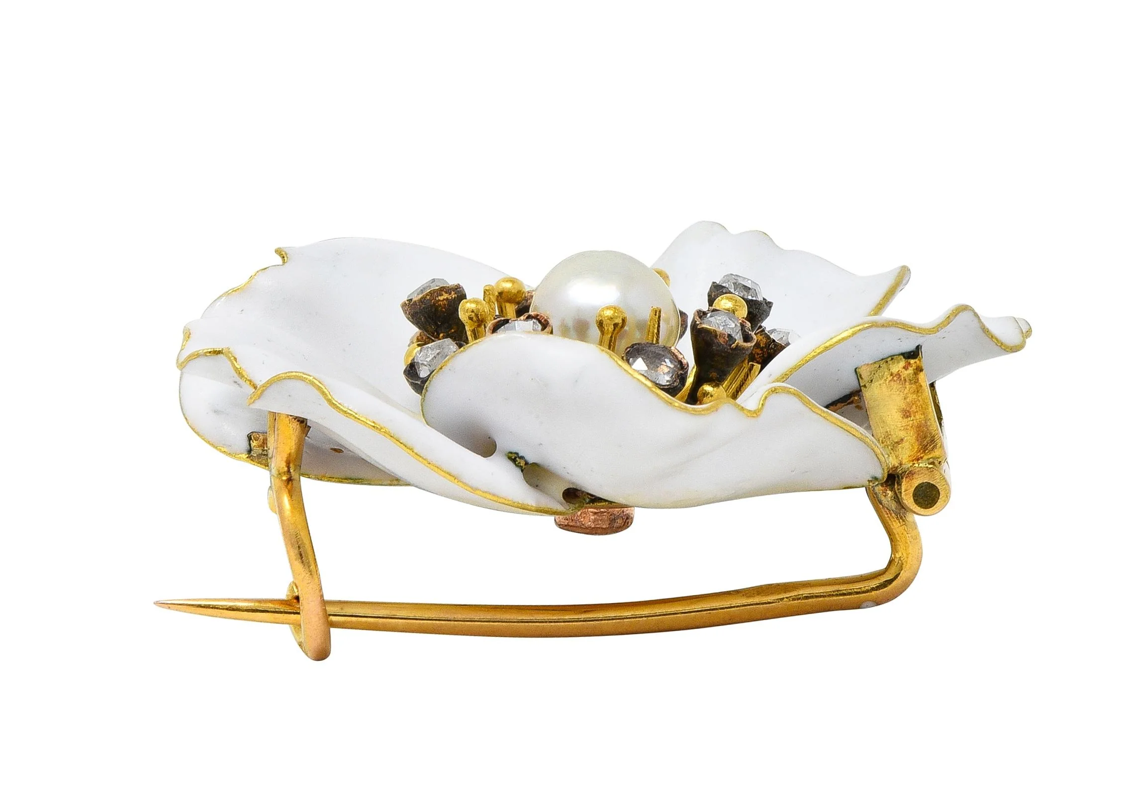 Art Nouveau French Diamond Pearl White Enamel 18 Karat Yellow Gold Antique Pansy Brooch - Image 7