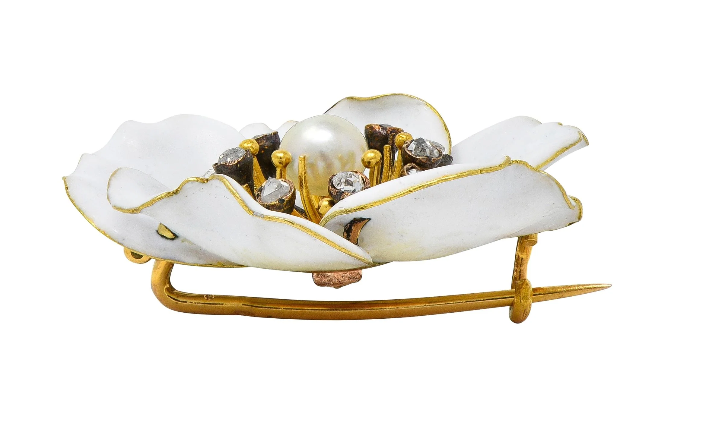 Art Nouveau French Diamond Pearl White Enamel 18 Karat Yellow Gold Antique Pansy Brooch - Image 8