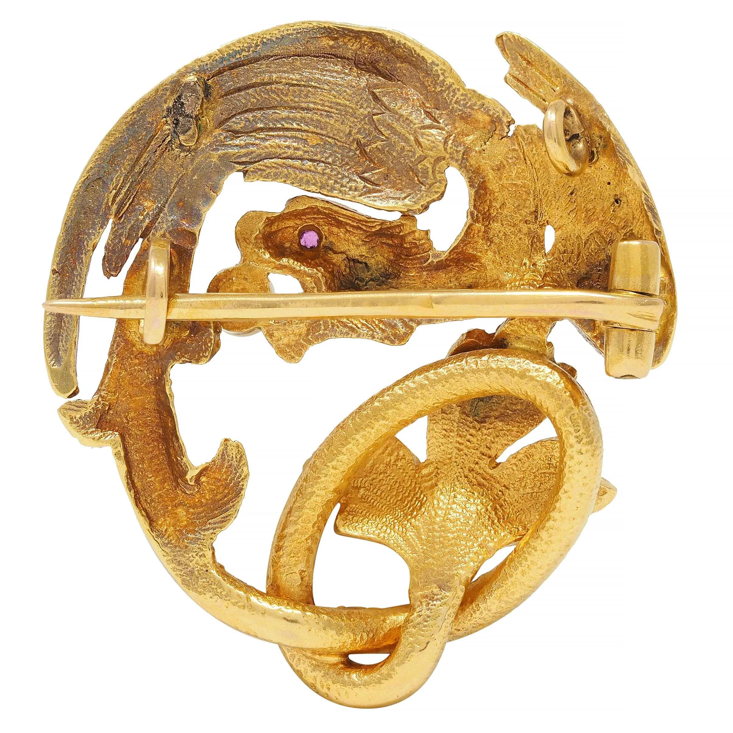 Art Nouveau French Ruby Pearl 18 Karat Yellow Gold Griffin Antique Circle Pendant Brooch - Image 3