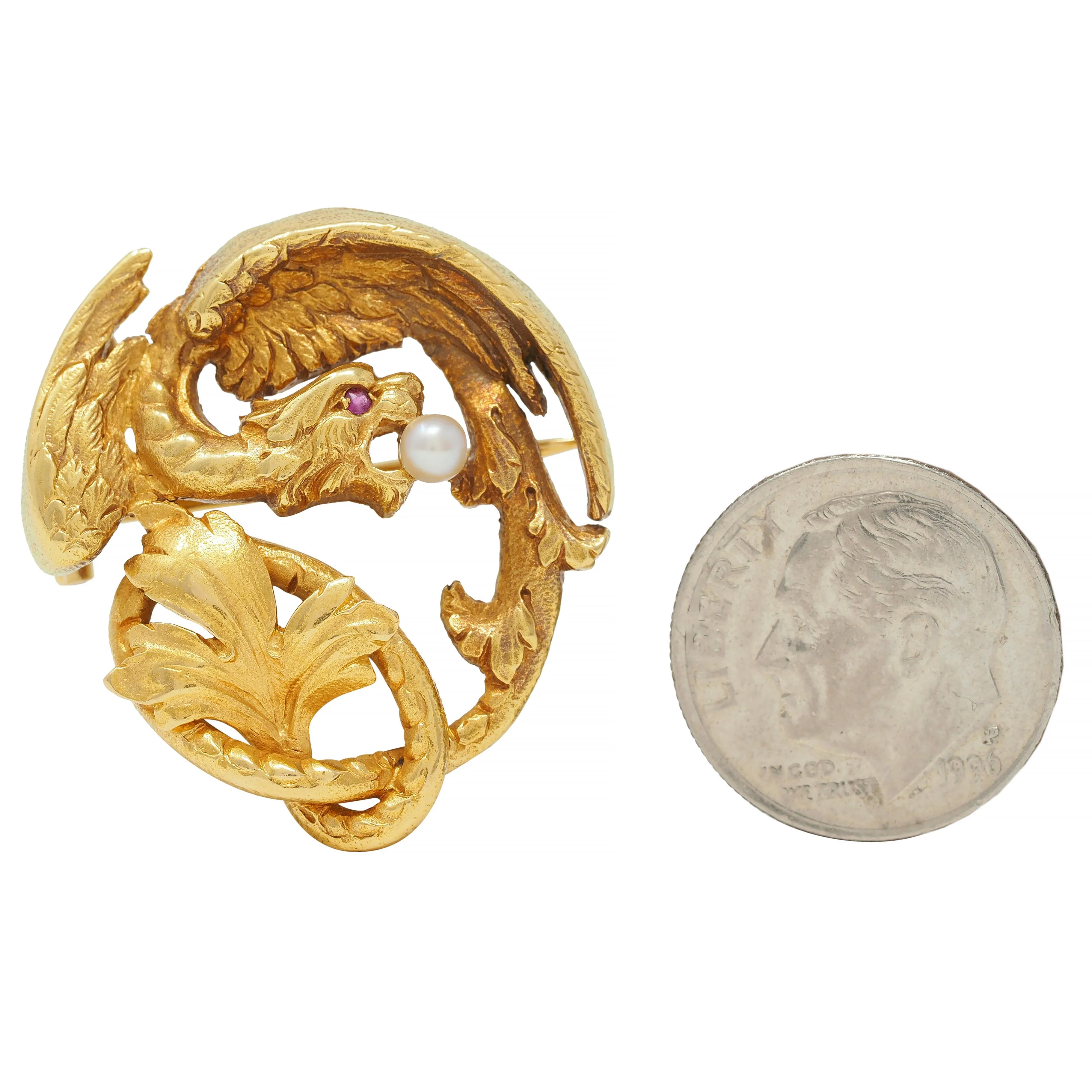 Art Nouveau French Ruby Pearl 18 Karat Yellow Gold Griffin Antique Circle Pendant Brooch - Image 7