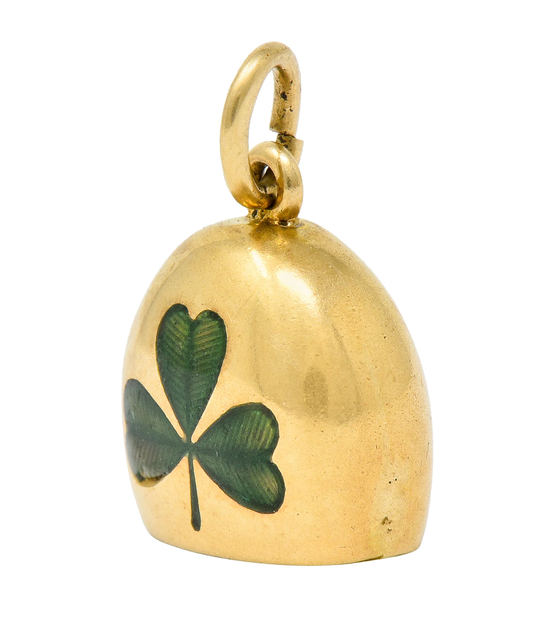 Art Nouveau Green Enamel 14 Karat Gold Irish Clover Bell Charm - Image 3