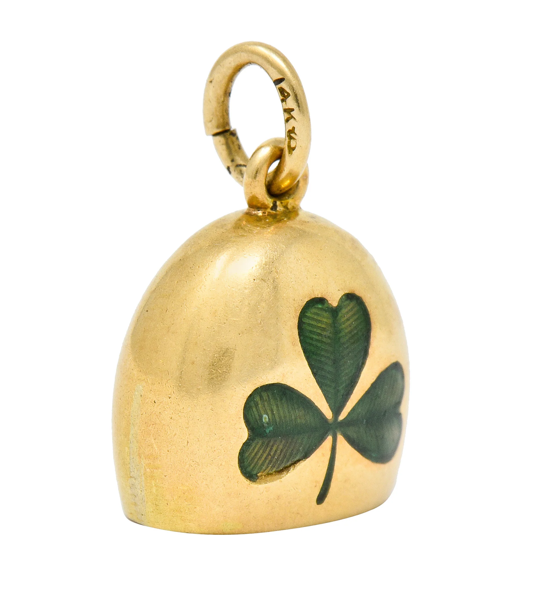 Art Nouveau Green Enamel 14 Karat Gold Irish Clover Bell Charm - Image 4