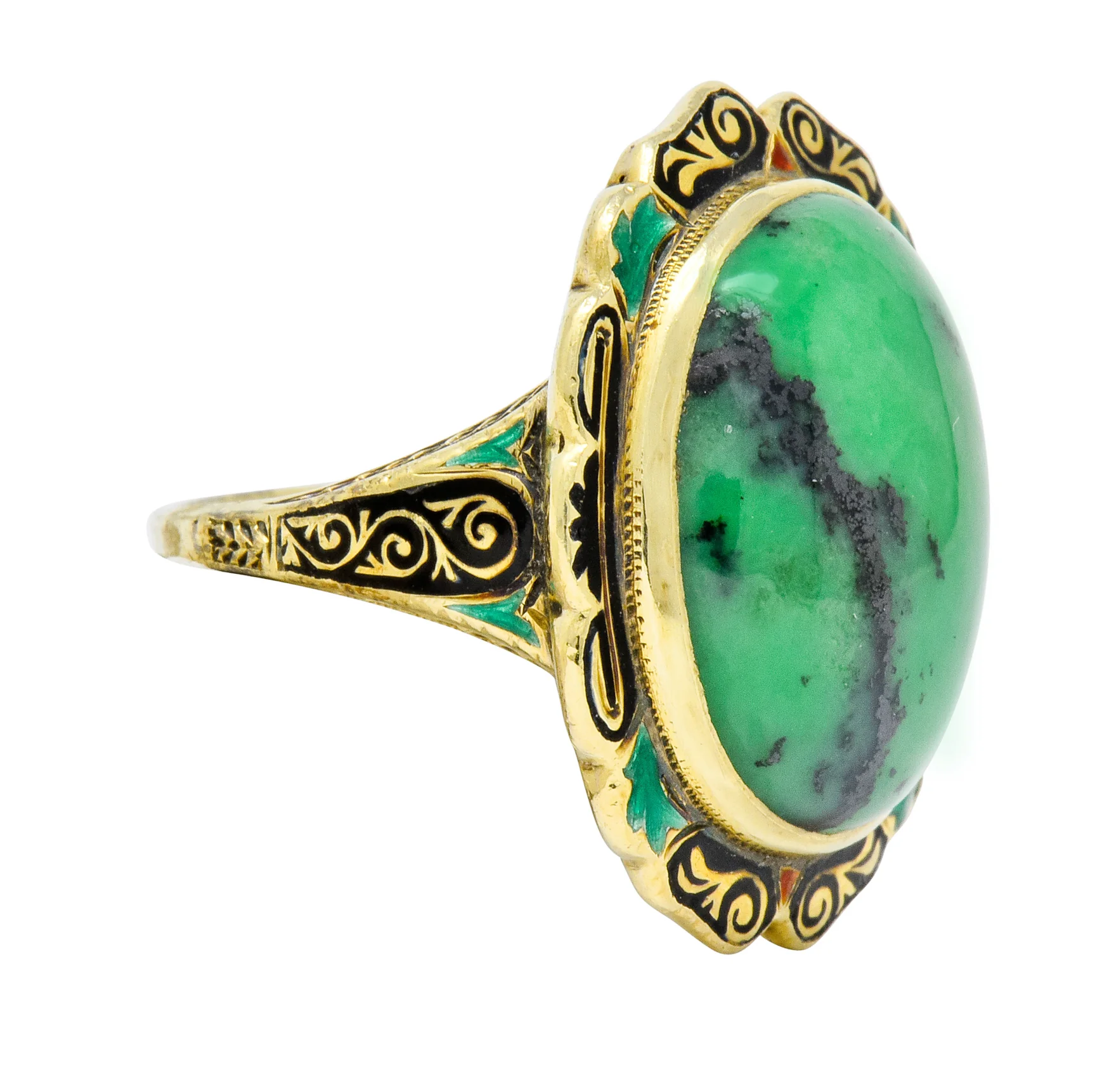 Art Nouveau Hardstone Cabochon Enamel 14 Karat Gold Gemstone Ring - Image 2