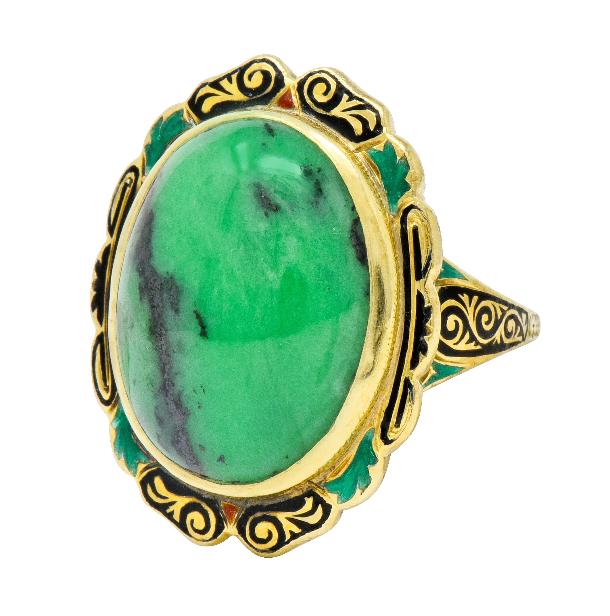 Art Nouveau Hardstone Cabochon Enamel 14 Karat Gold Gemstone Ring - Image 6