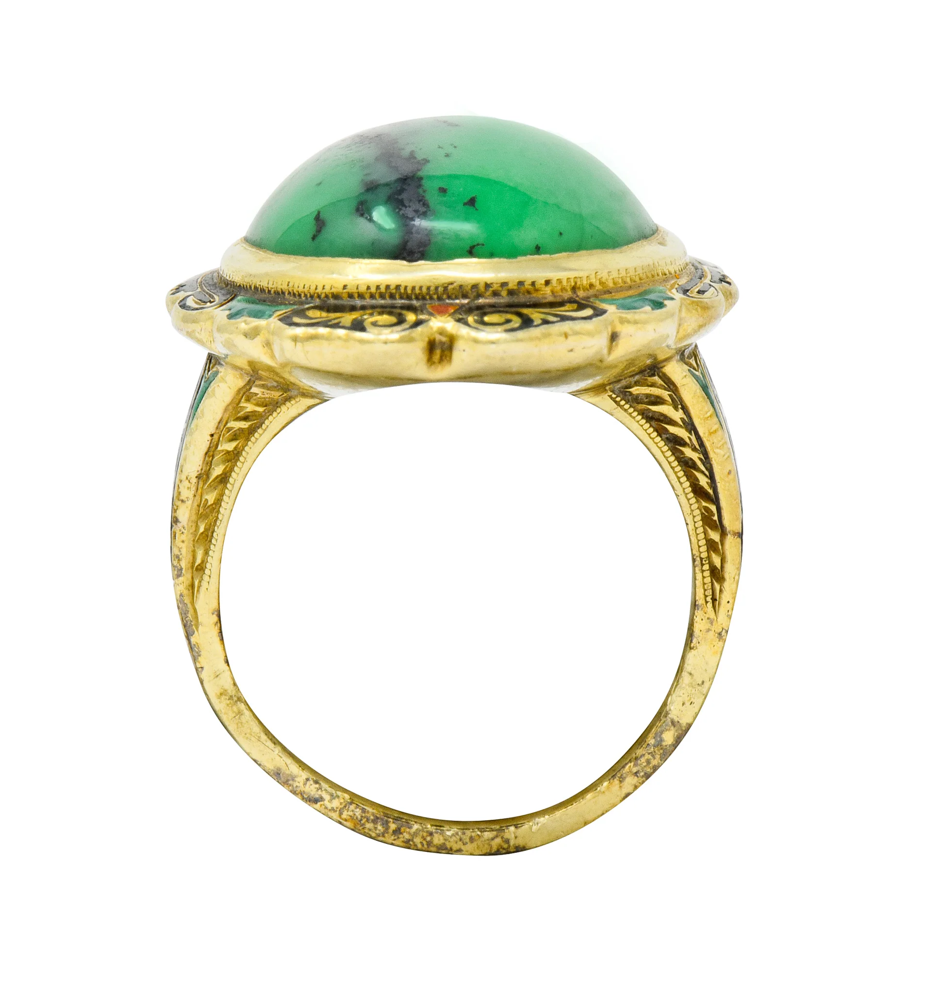 Art Nouveau Hardstone Cabochon Enamel 14 Karat Gold Gemstone Ring - Image 8