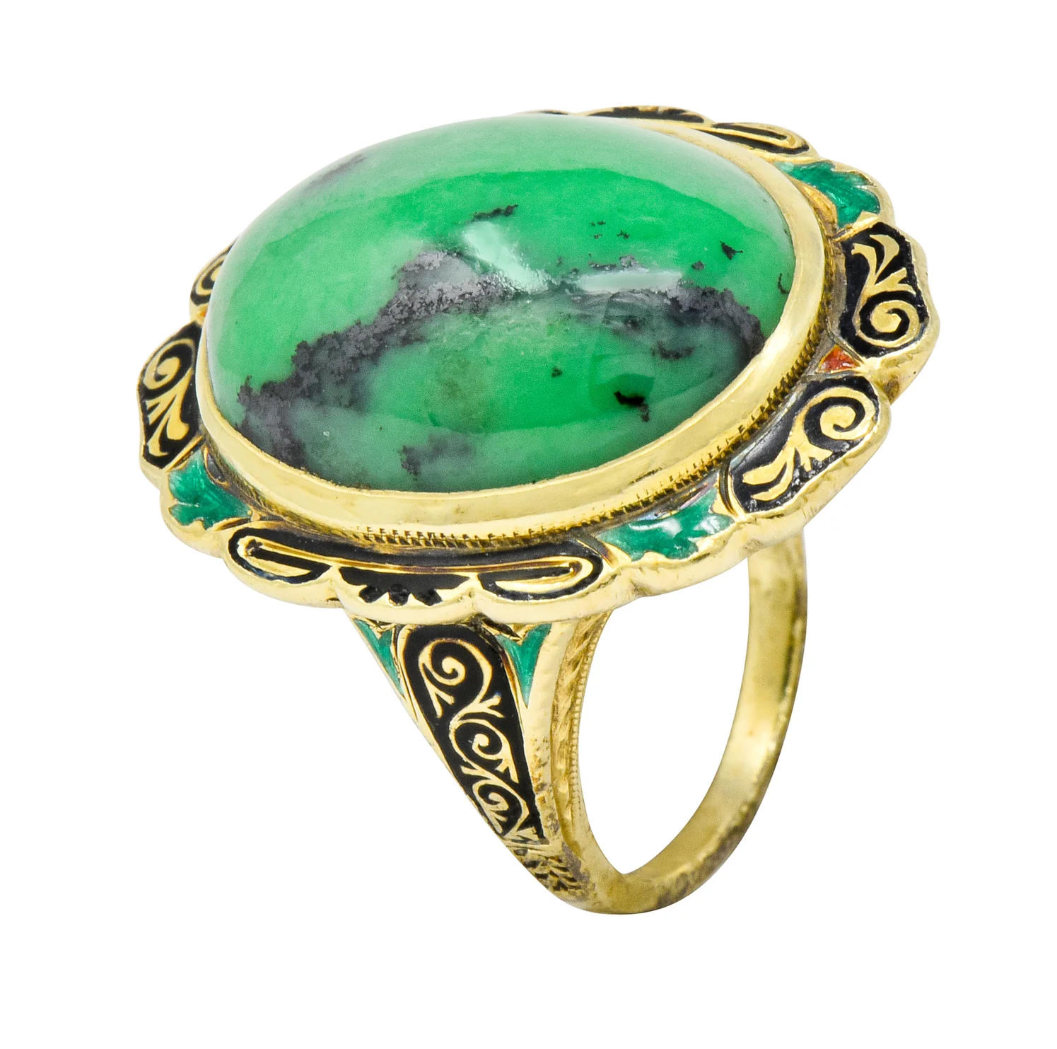 Art Nouveau Hardstone Cabochon Enamel 14 Karat Gold Gemstone Ring - Image 9