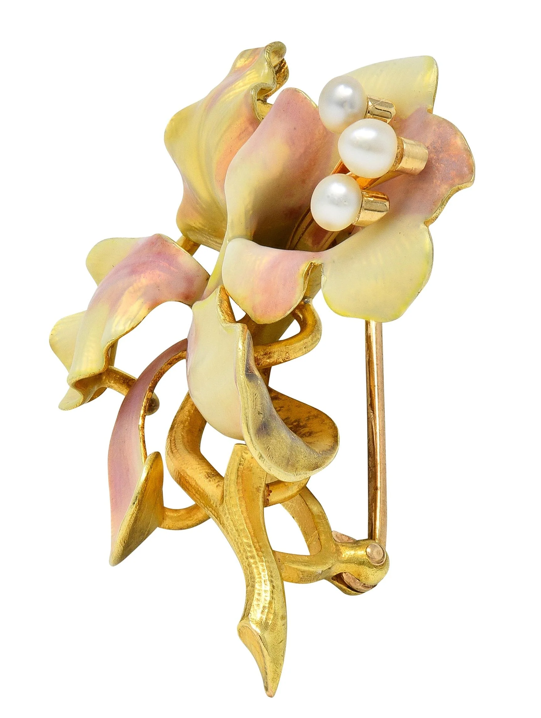 Art Nouveau Henry Blank & Co. Enamel 14 Karat Yellow Gold Antique Bellflower Flower Brooch - Image 3