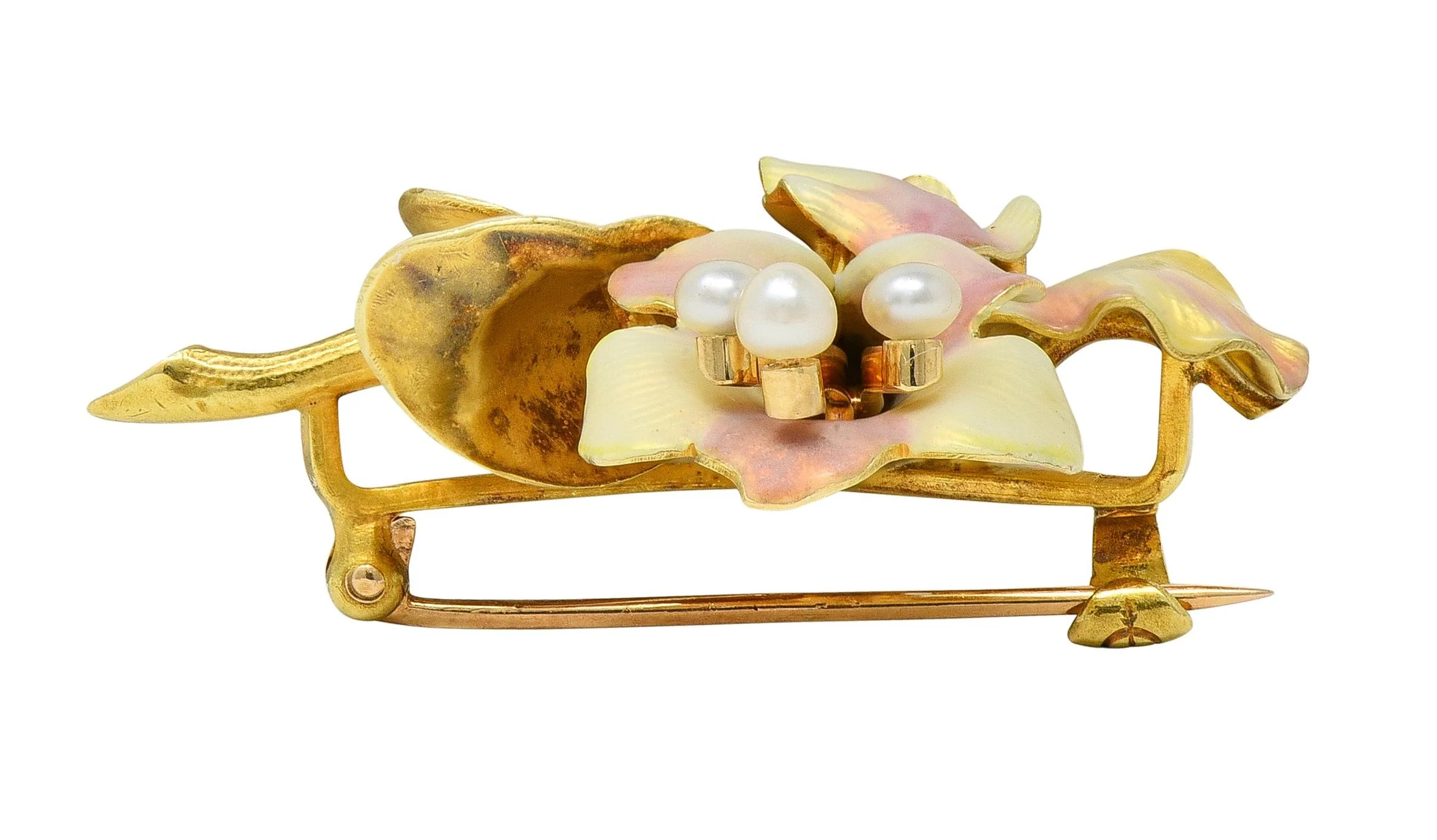 Art Nouveau Henry Blank & Co. Enamel 14 Karat Yellow Gold Antique Bellflower Flower Brooch - Image 7