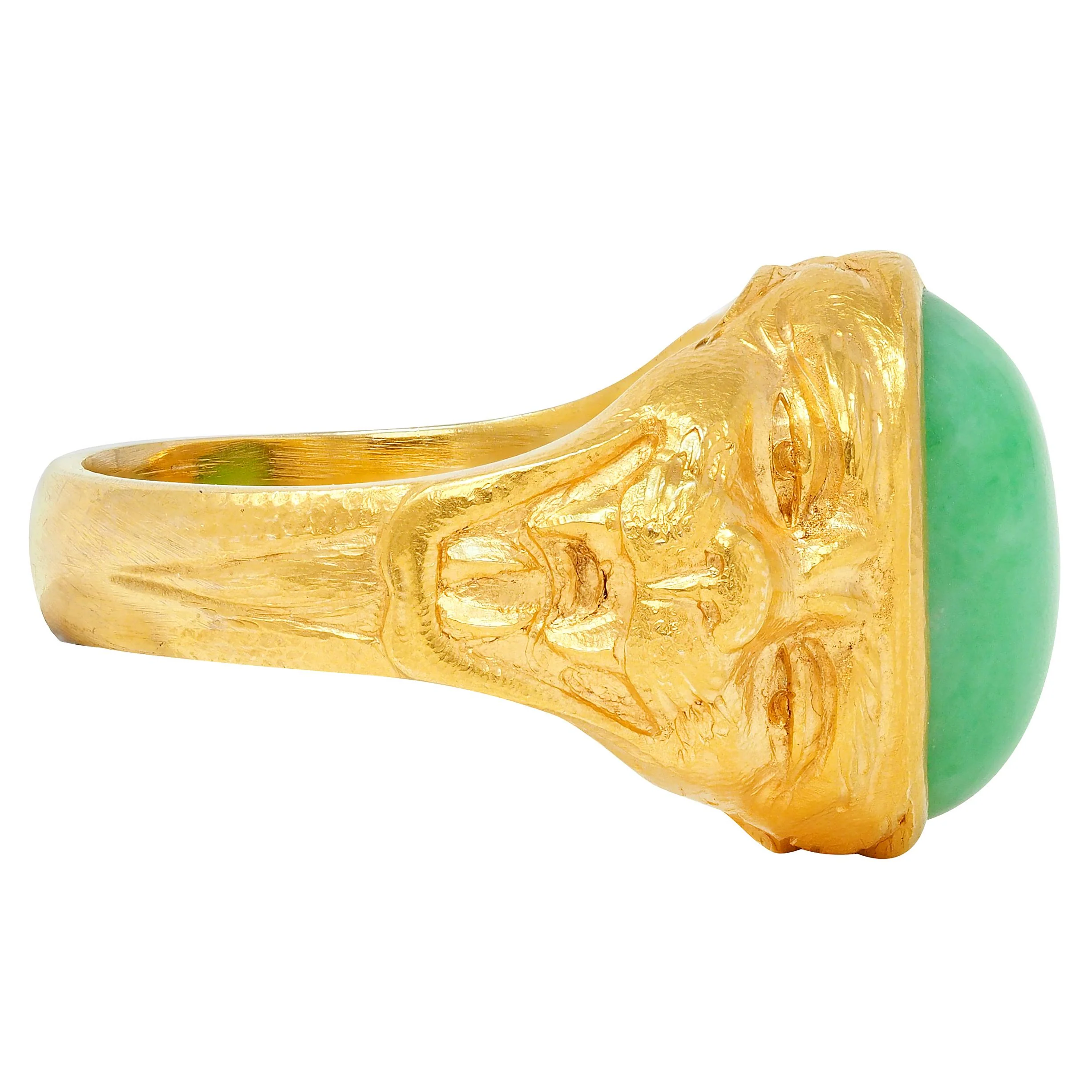 Art Nouveau Jade 18 Karat Yellow Gold Antique Unisex Cat Ring - Image 3