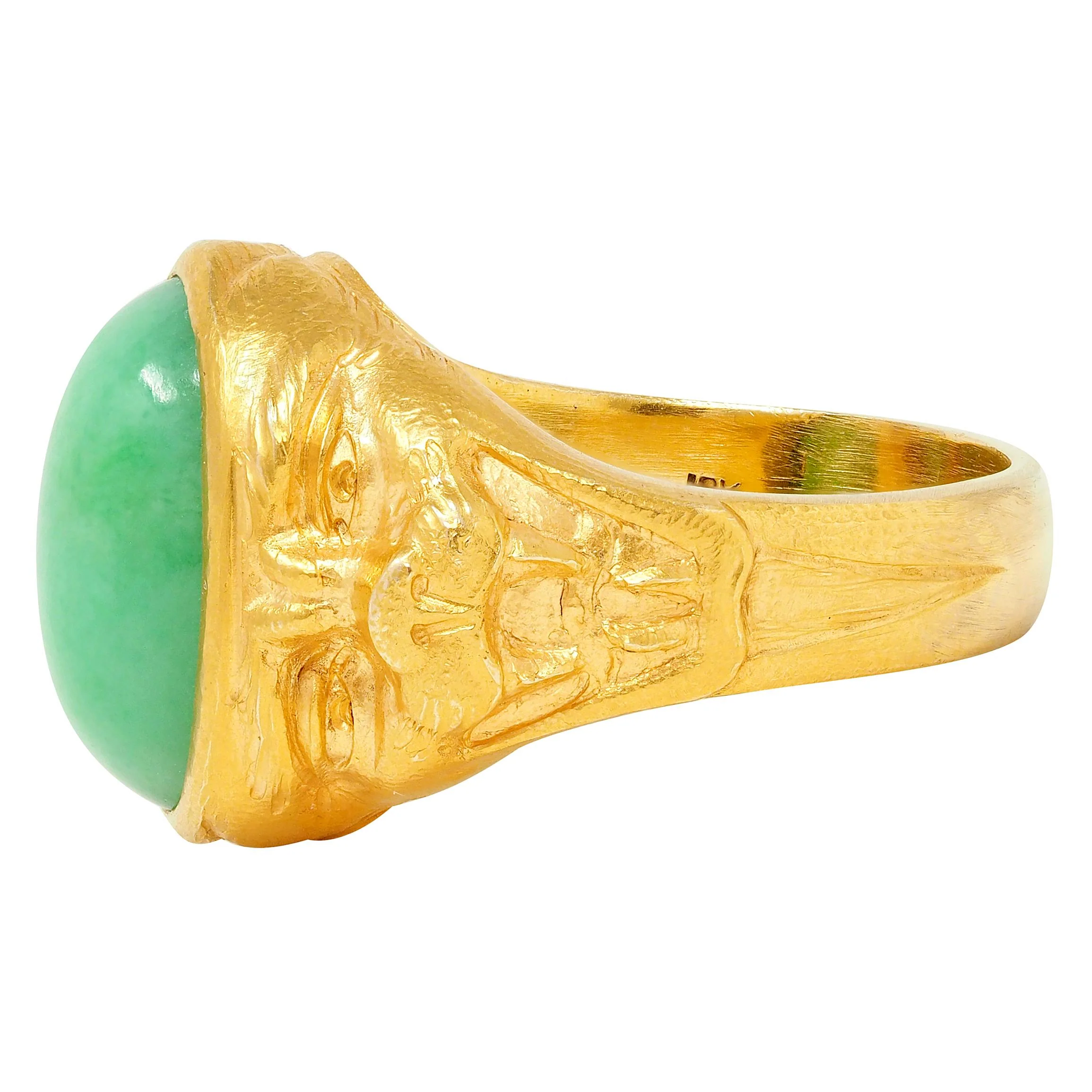 Art Nouveau Jade 18 Karat Yellow Gold Antique Unisex Cat Ring - Image 5