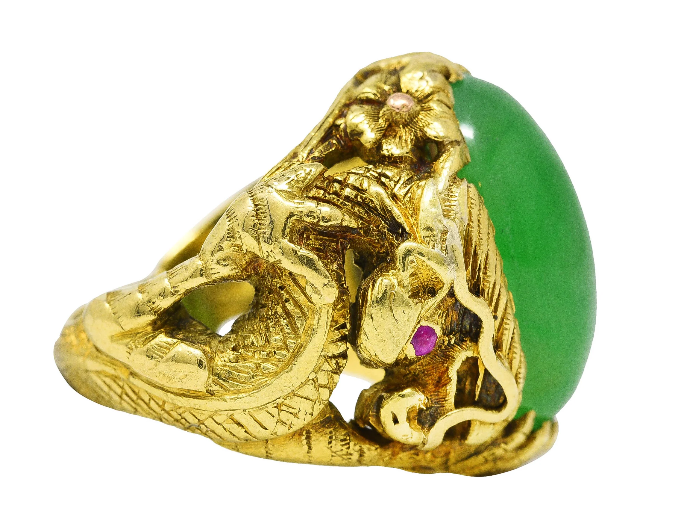 Art Nouveau Jadeite Jade Ruby 18 Karat Yellow Gold Dragon Antique Ring GIA - Image 3