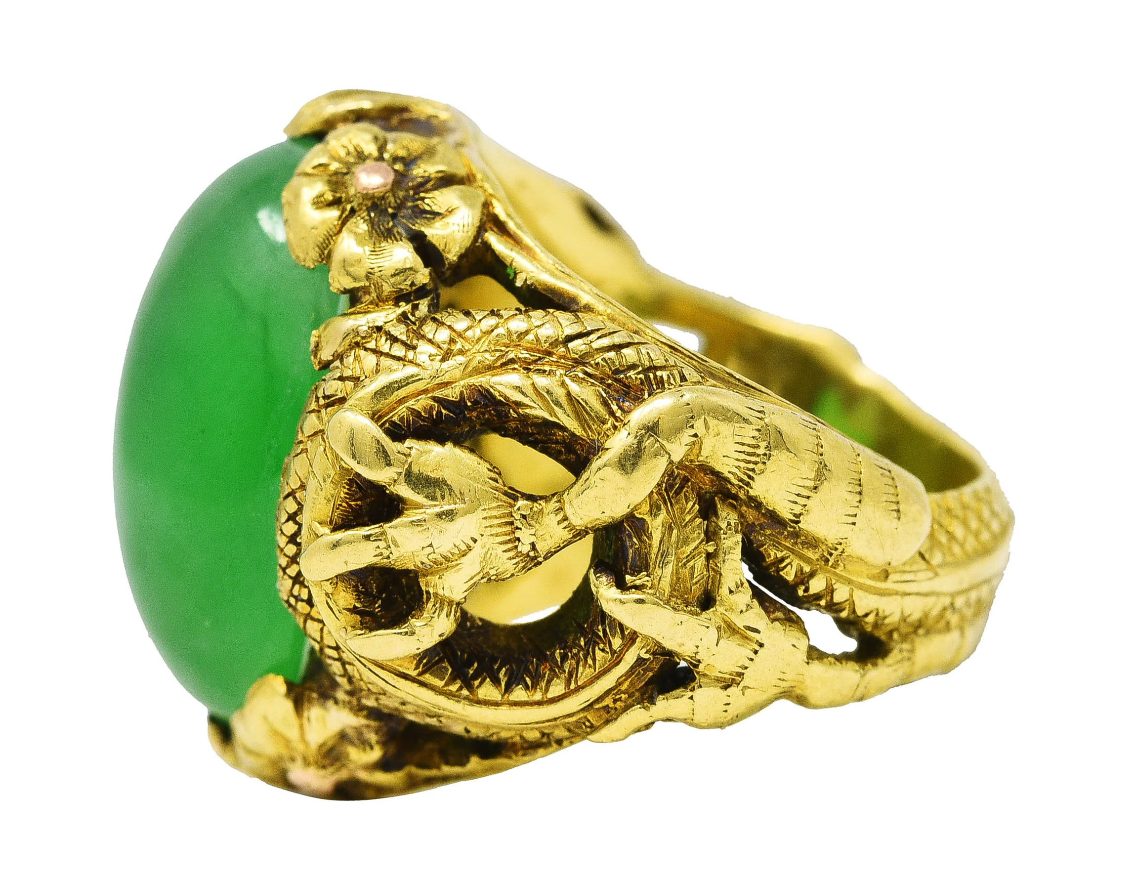 Art Nouveau Jadeite Jade Ruby 18 Karat Yellow Gold Dragon Antique Ring GIA - Image 5