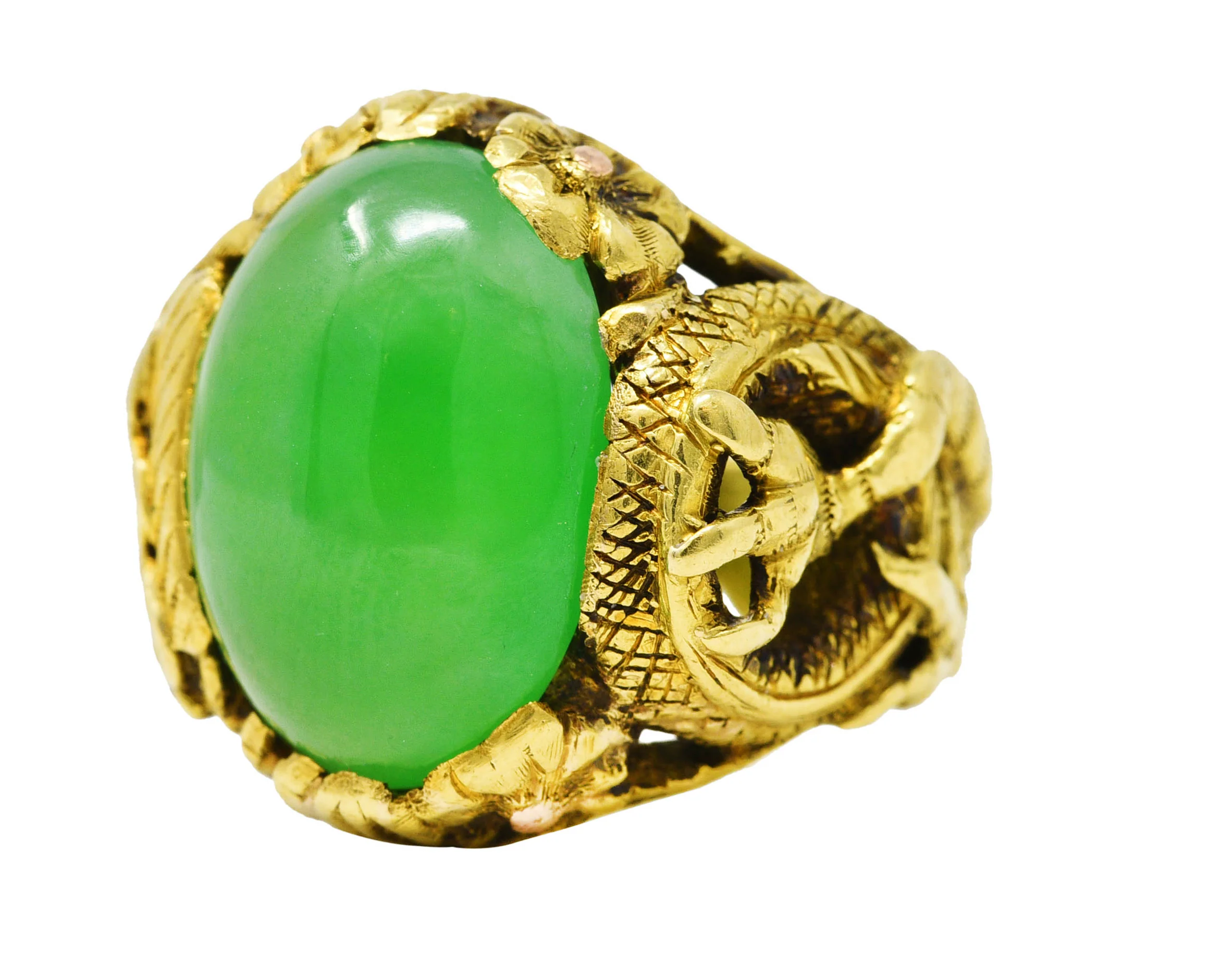 Art Nouveau Jadeite Jade Ruby 18 Karat Yellow Gold Dragon Antique Ring GIA - Image 6