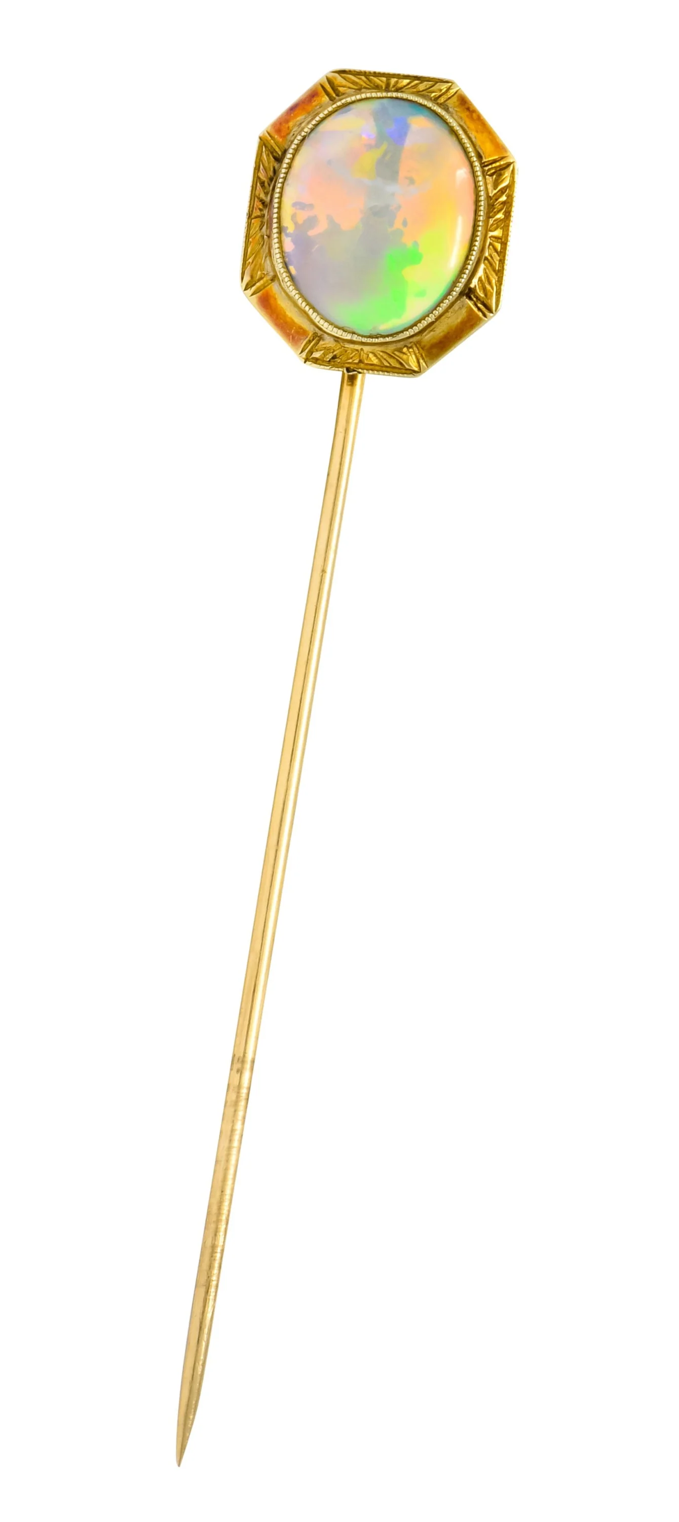 Art Nouveau Jelly Opal Cabochon 14 Karat Gold Hexagonal Stickpin - Image 2