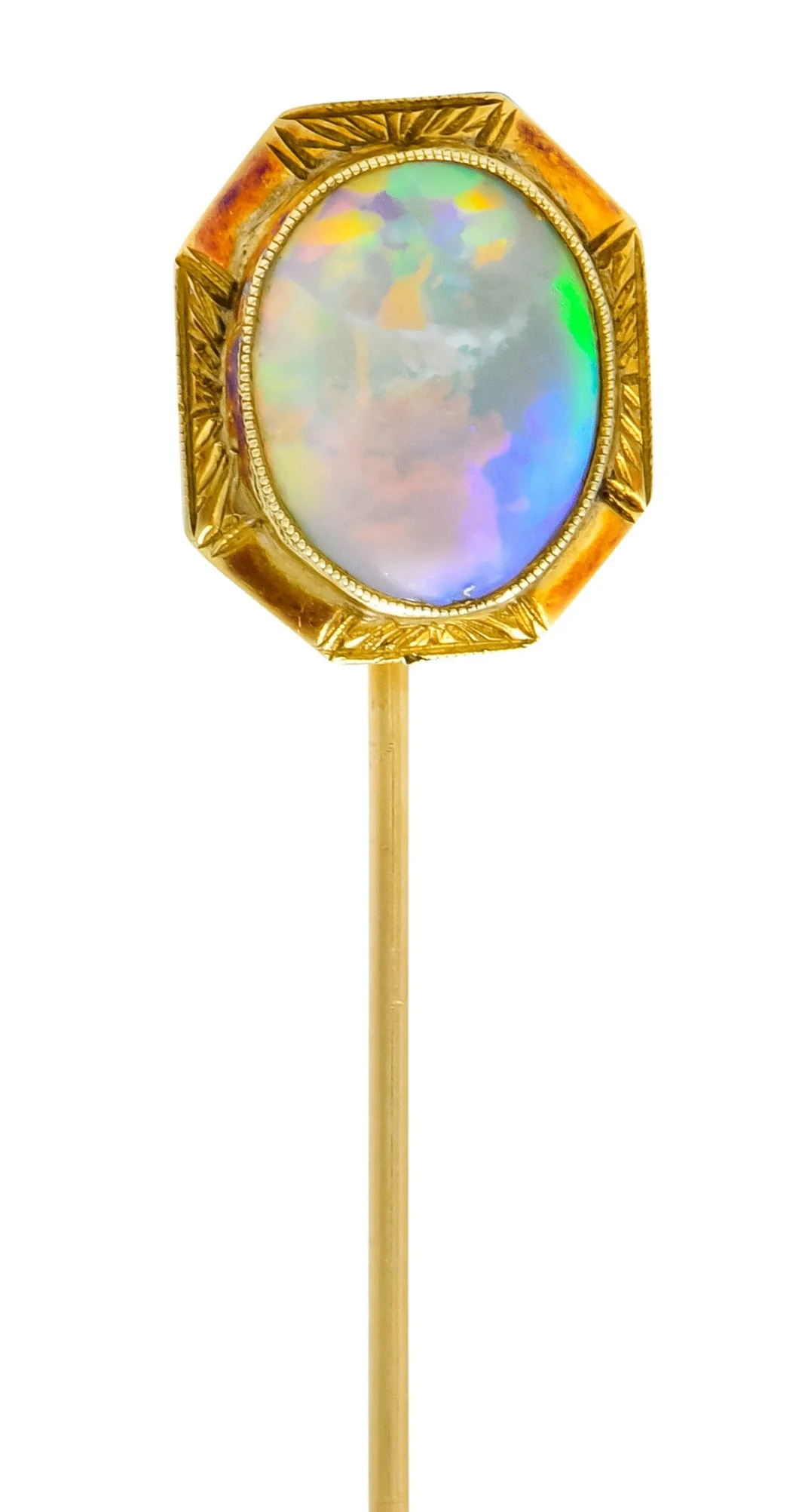 Art Nouveau Jelly Opal Cabochon 14 Karat Gold Hexagonal Stickpin - Image 9