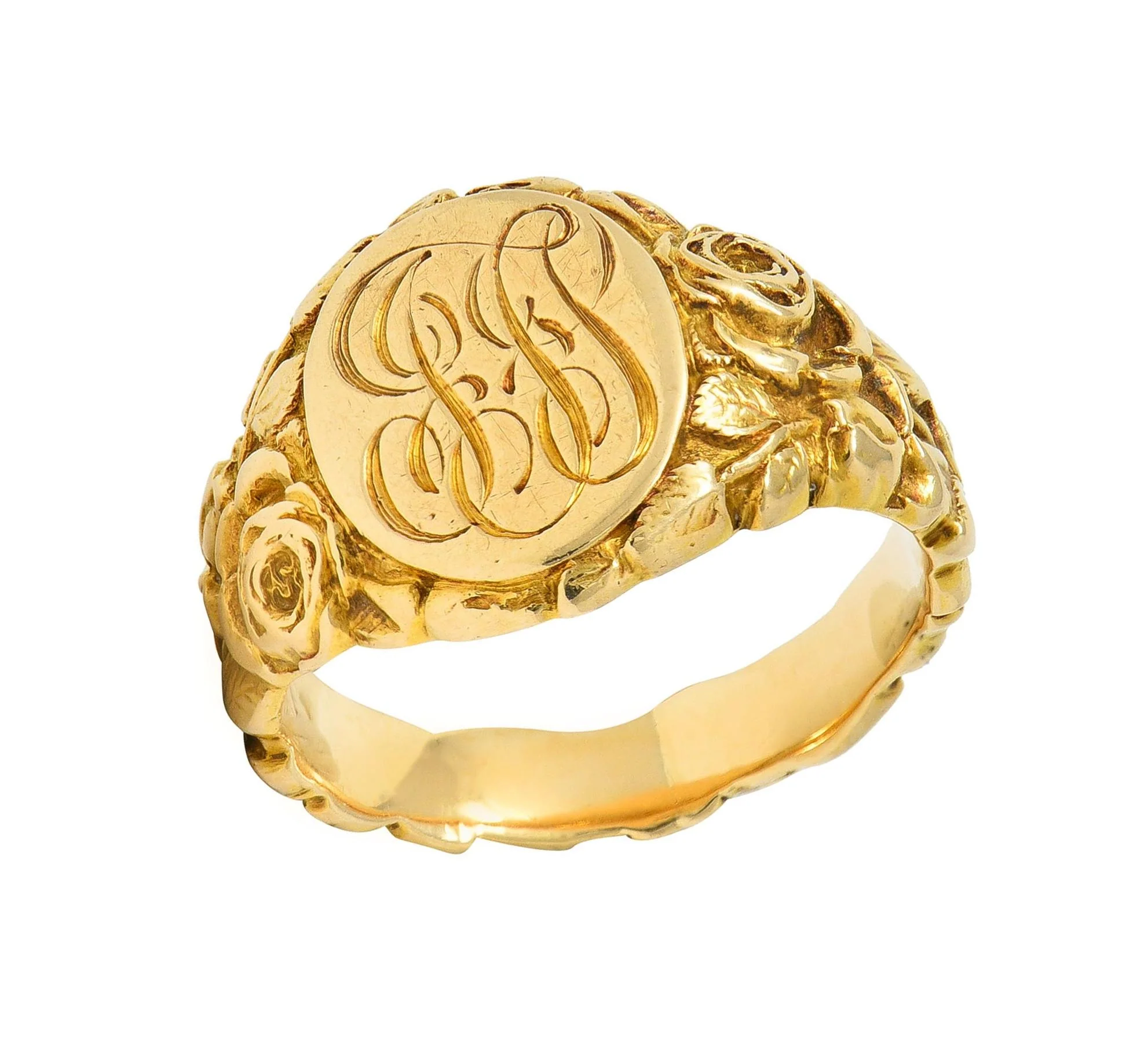 Art Nouveau Jones & Woodland 14 Karat Yellow Gold Antique Rose Unisex Signet Ring - Image 10