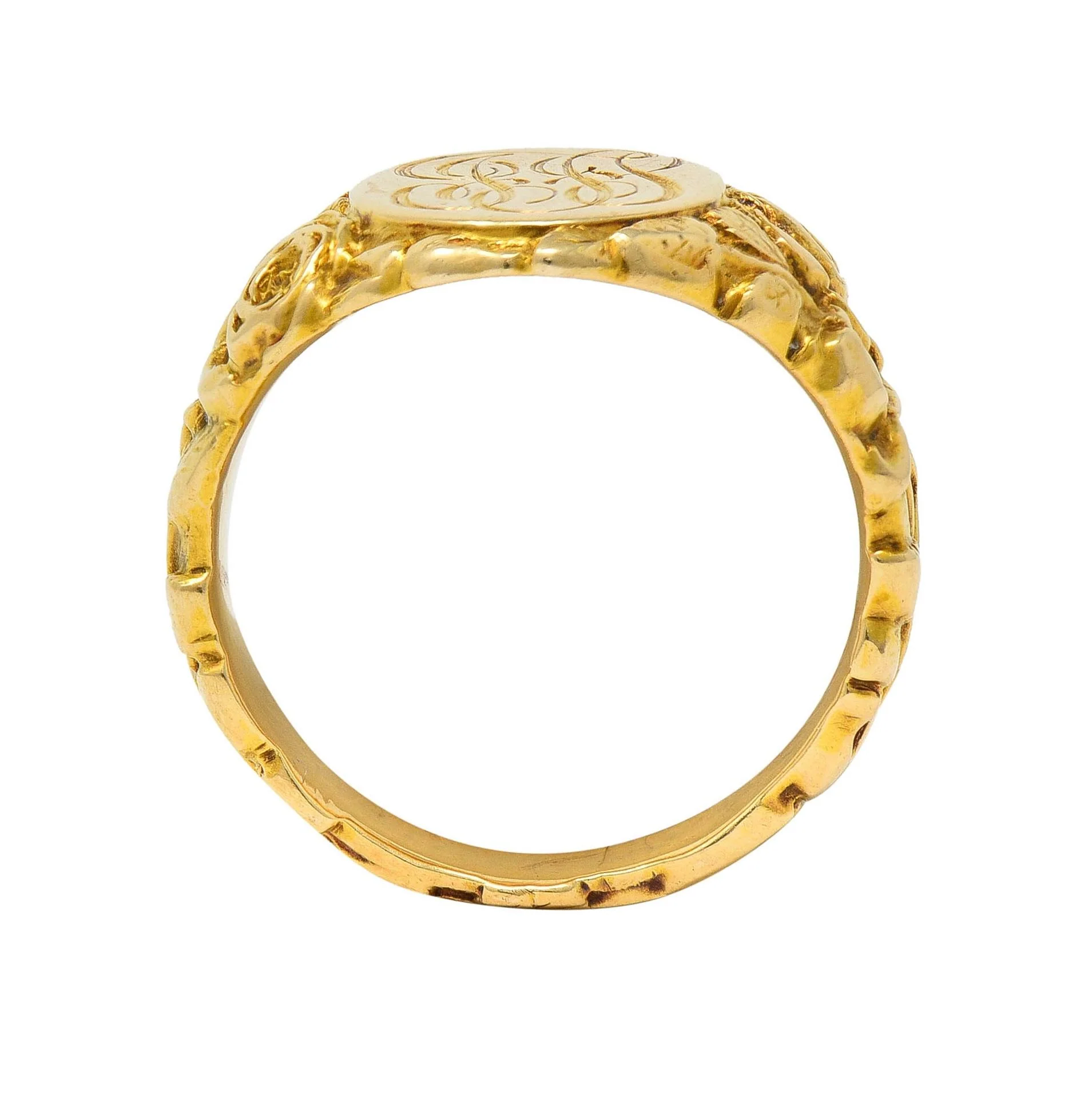 Art Nouveau Jones & Woodland 14 Karat Yellow Gold Antique Rose Unisex Signet Ring - Image 11