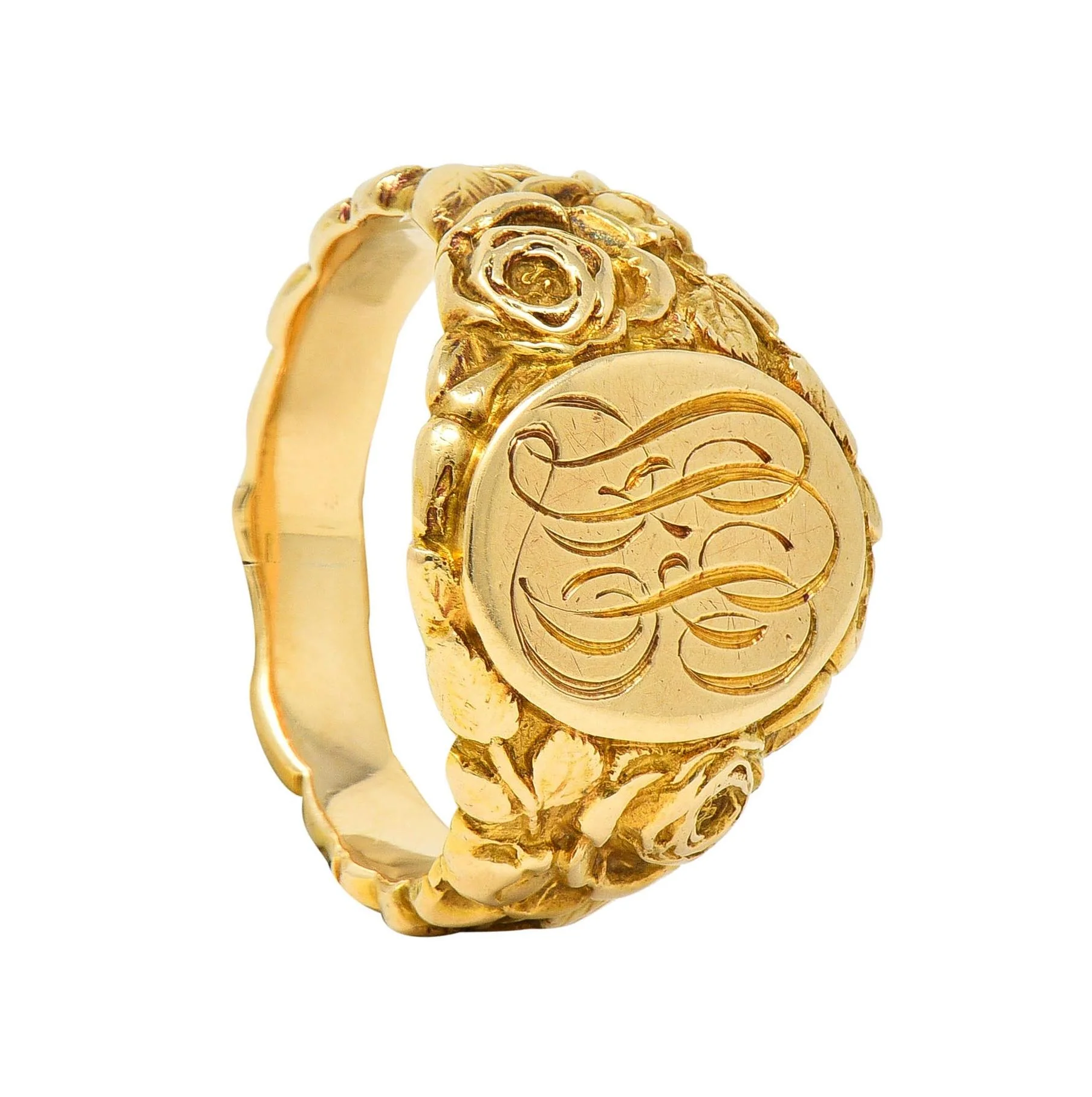 Art Nouveau Jones & Woodland 14 Karat Yellow Gold Antique Rose Unisex Signet Ring - Image 12