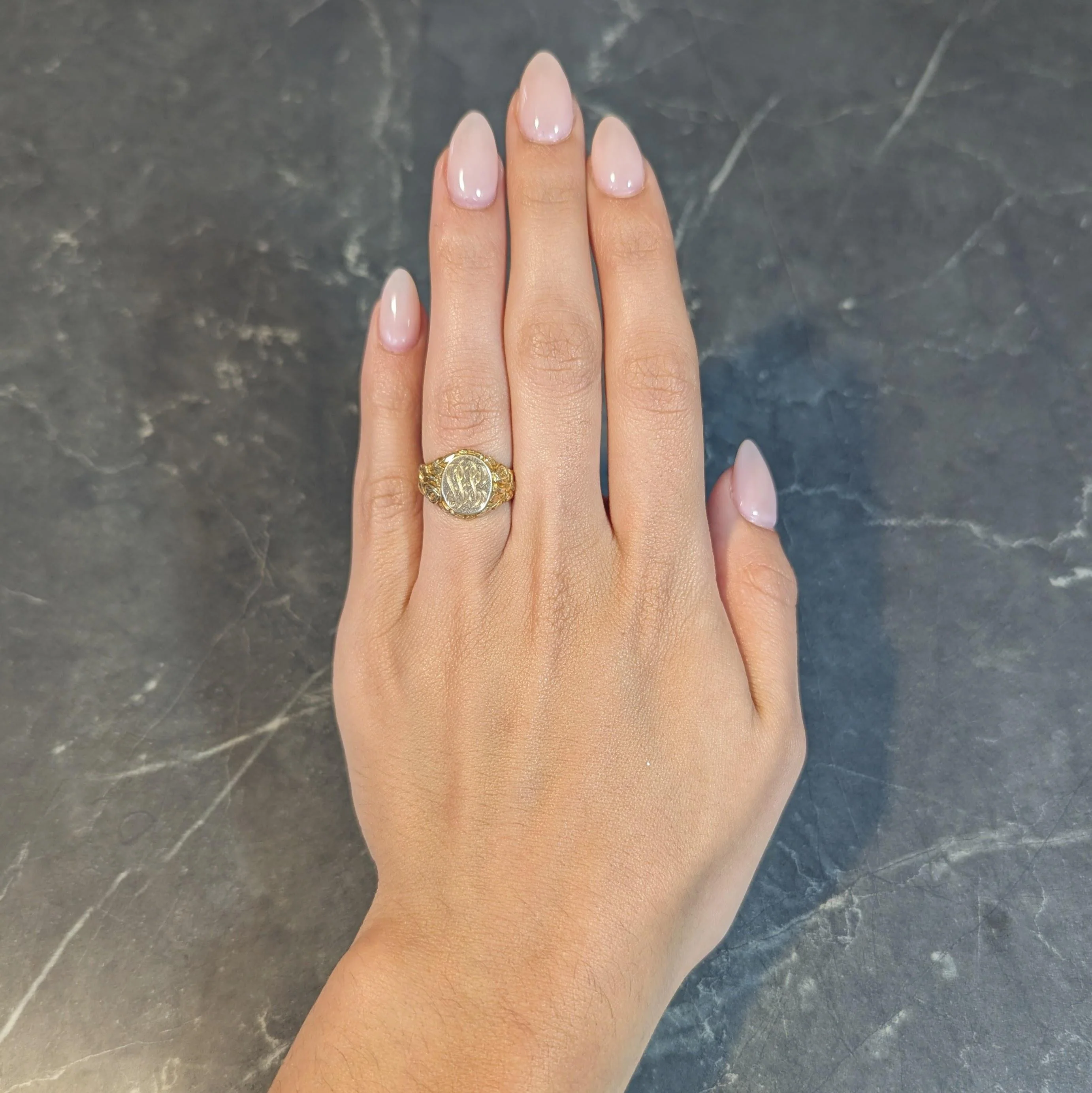 Art Nouveau Jones & Woodland 14 Karat Yellow Gold Antique Rose Unisex Signet Ring - Image 13