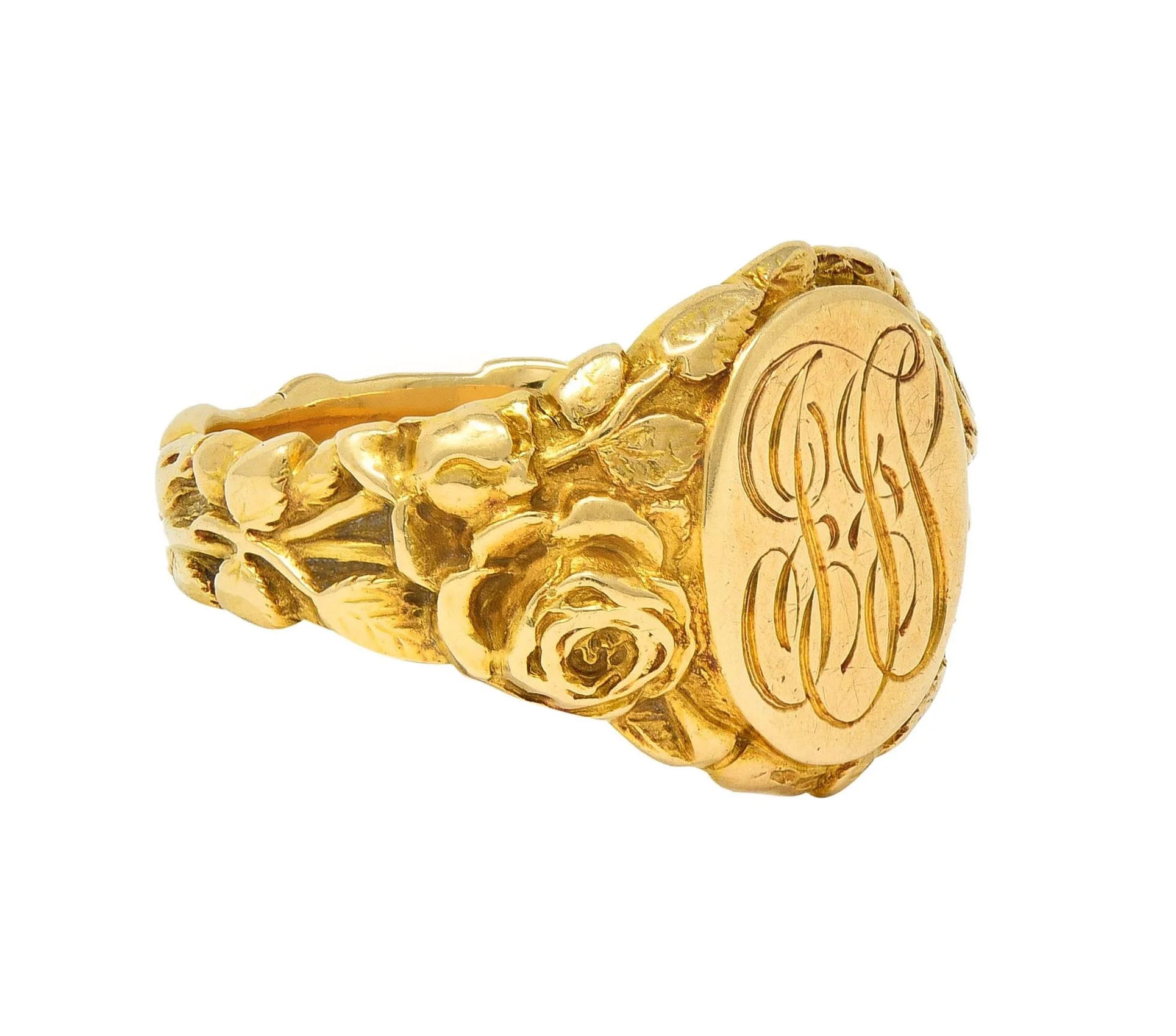 Art Nouveau Jones & Woodland 14 Karat Yellow Gold Antique Rose Unisex Signet Ring - Image 2