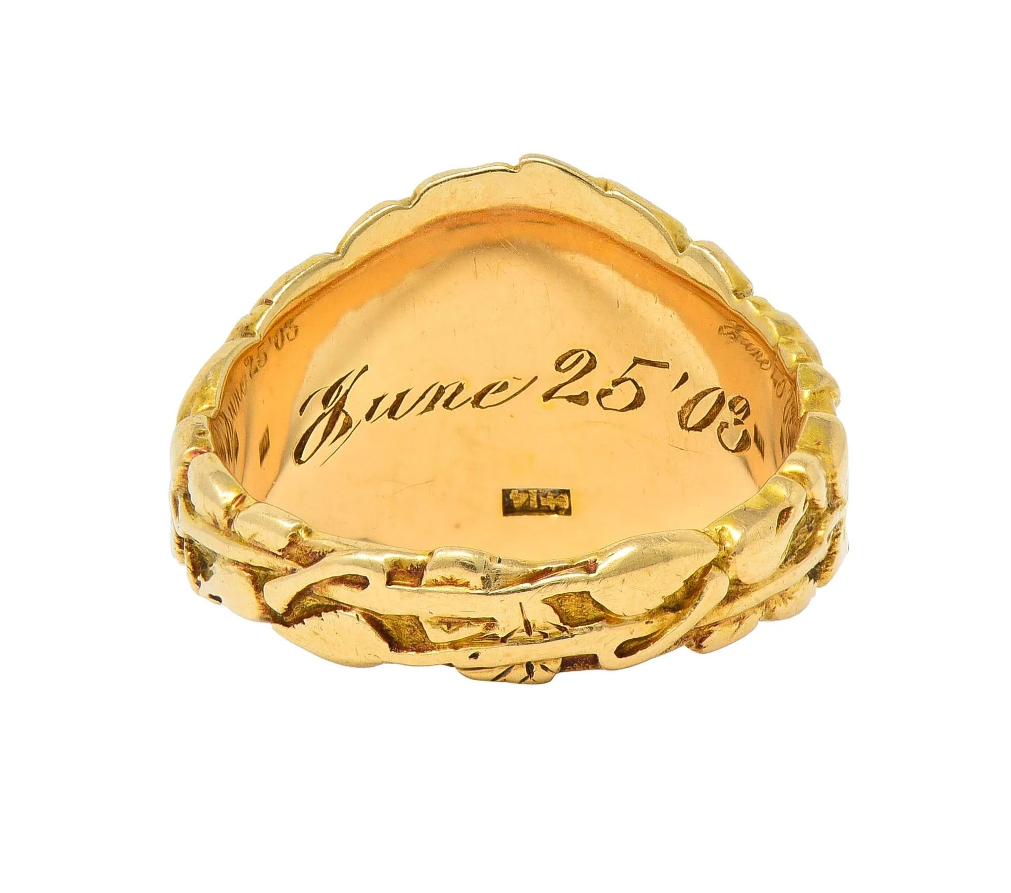 Art Nouveau Jones & Woodland 14 Karat Yellow Gold Antique Rose Unisex Signet Ring - Image 4
