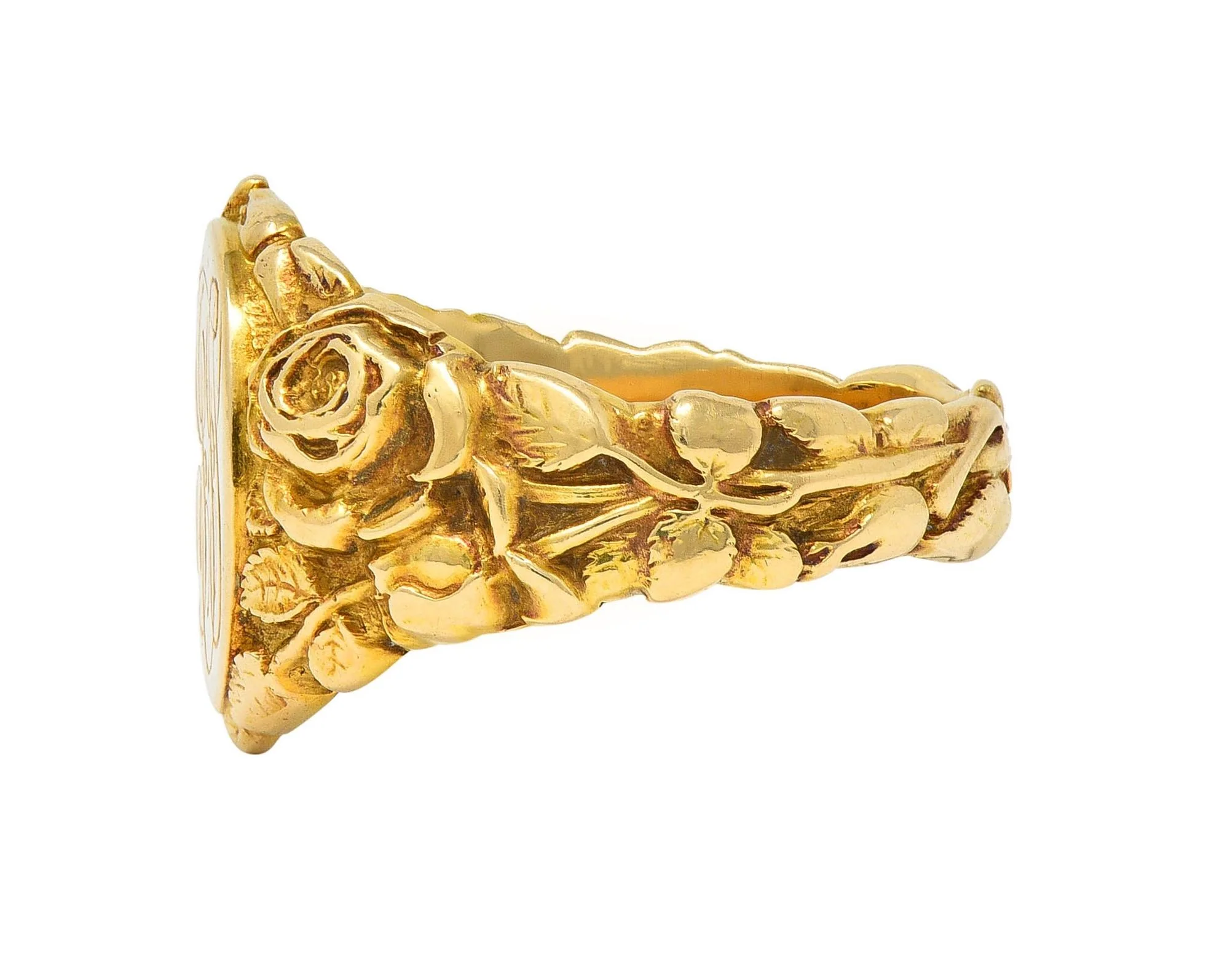 Art Nouveau Jones & Woodland 14 Karat Yellow Gold Antique Rose Unisex Signet Ring - Image 5
