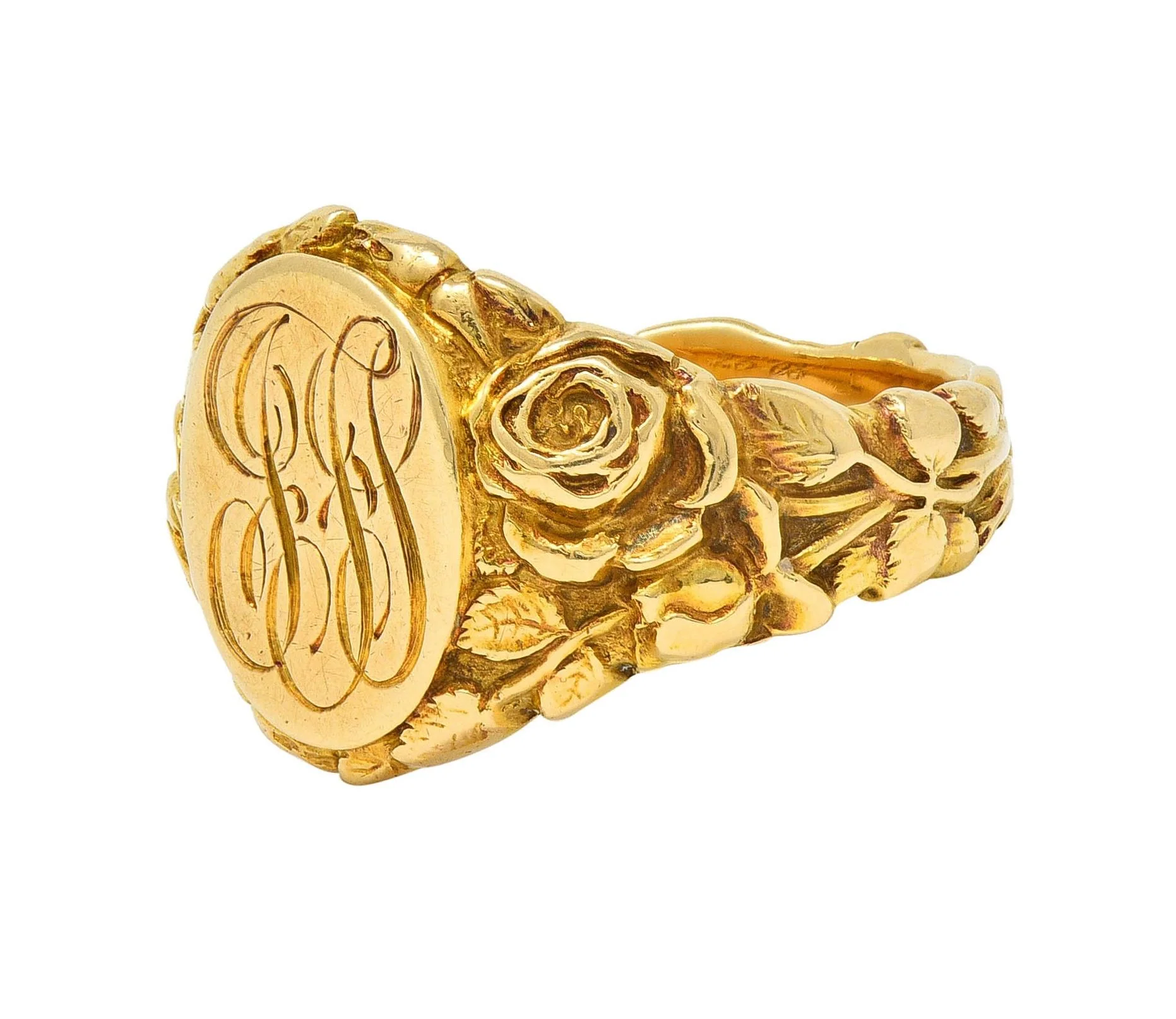 Art Nouveau Jones & Woodland 14 Karat Yellow Gold Antique Rose Unisex Signet Ring - Image 6