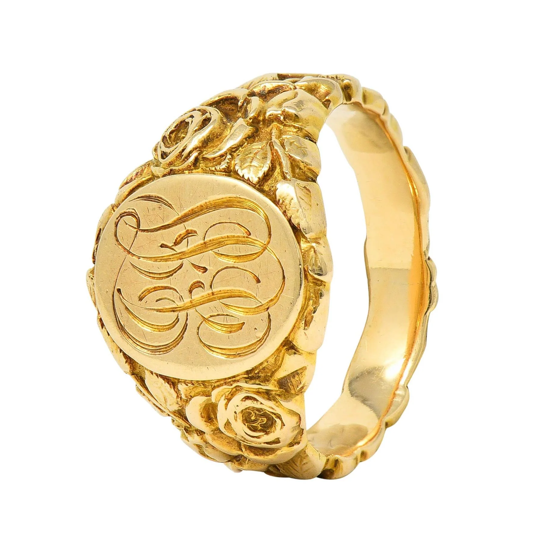 Art Nouveau Jones & Woodland 14 Karat Yellow Gold Antique Rose Unisex Signet Ring - Image 8