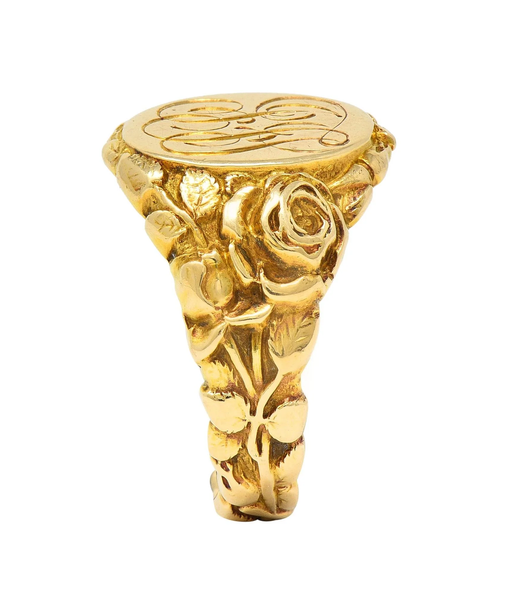 Art Nouveau Jones & Woodland 14 Karat Yellow Gold Antique Rose Unisex Signet Ring - Image 9