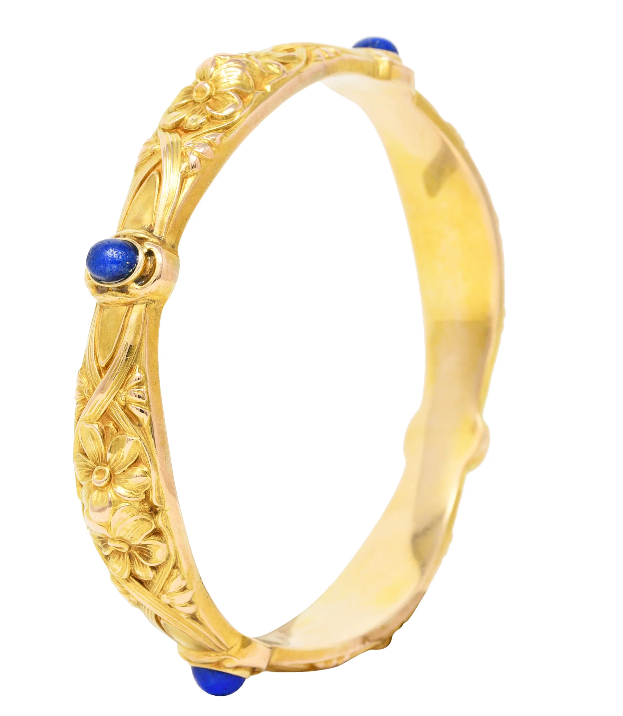 Art Nouveau Lapis Lazuli 14 Karat Yellow Gold Daisy Floral Antique Bangle Bracelet - Image 8