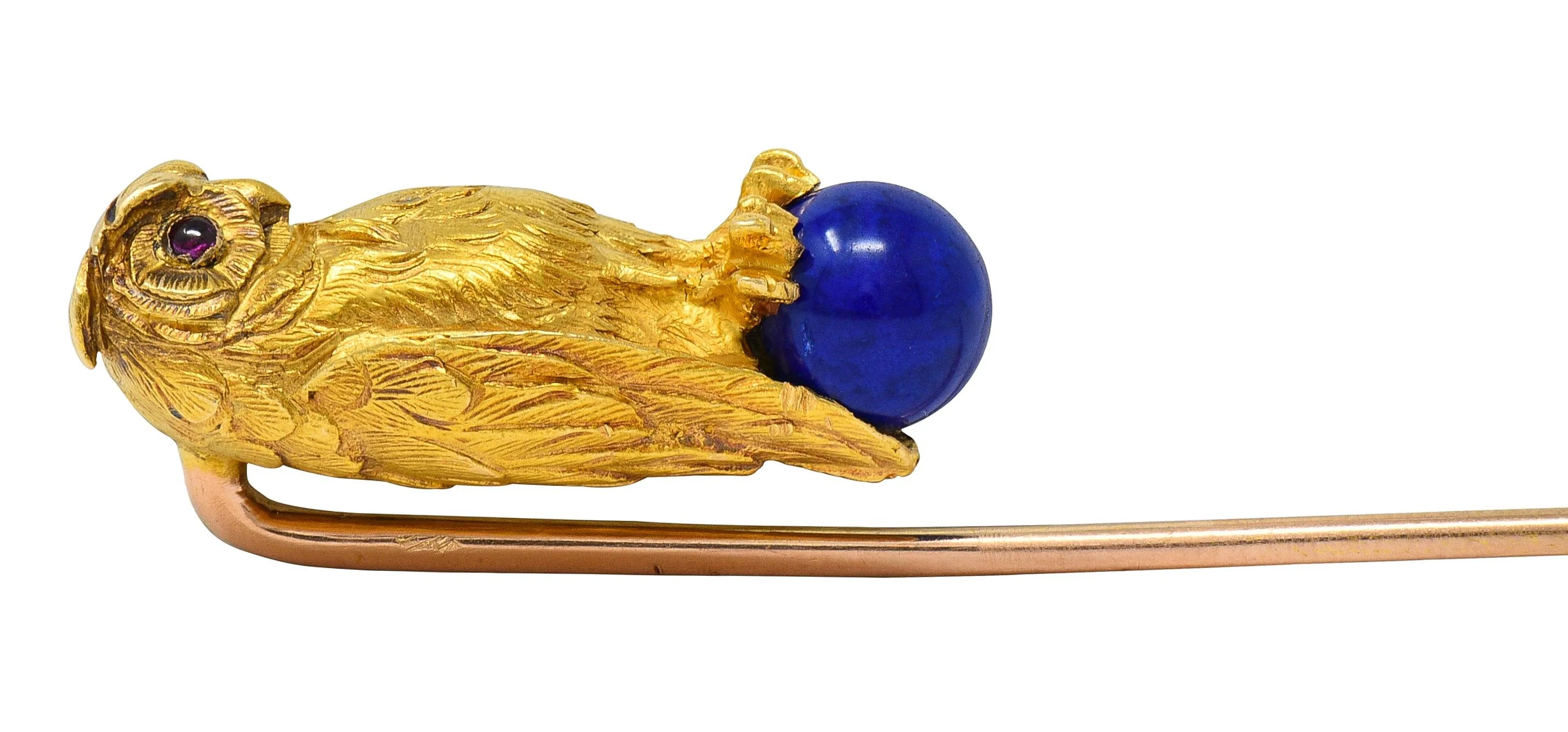 Art Nouveau Lapis Lazuli Ruby 18 Karat Yellow Gold Antique French Owl Stickpin - Image 7