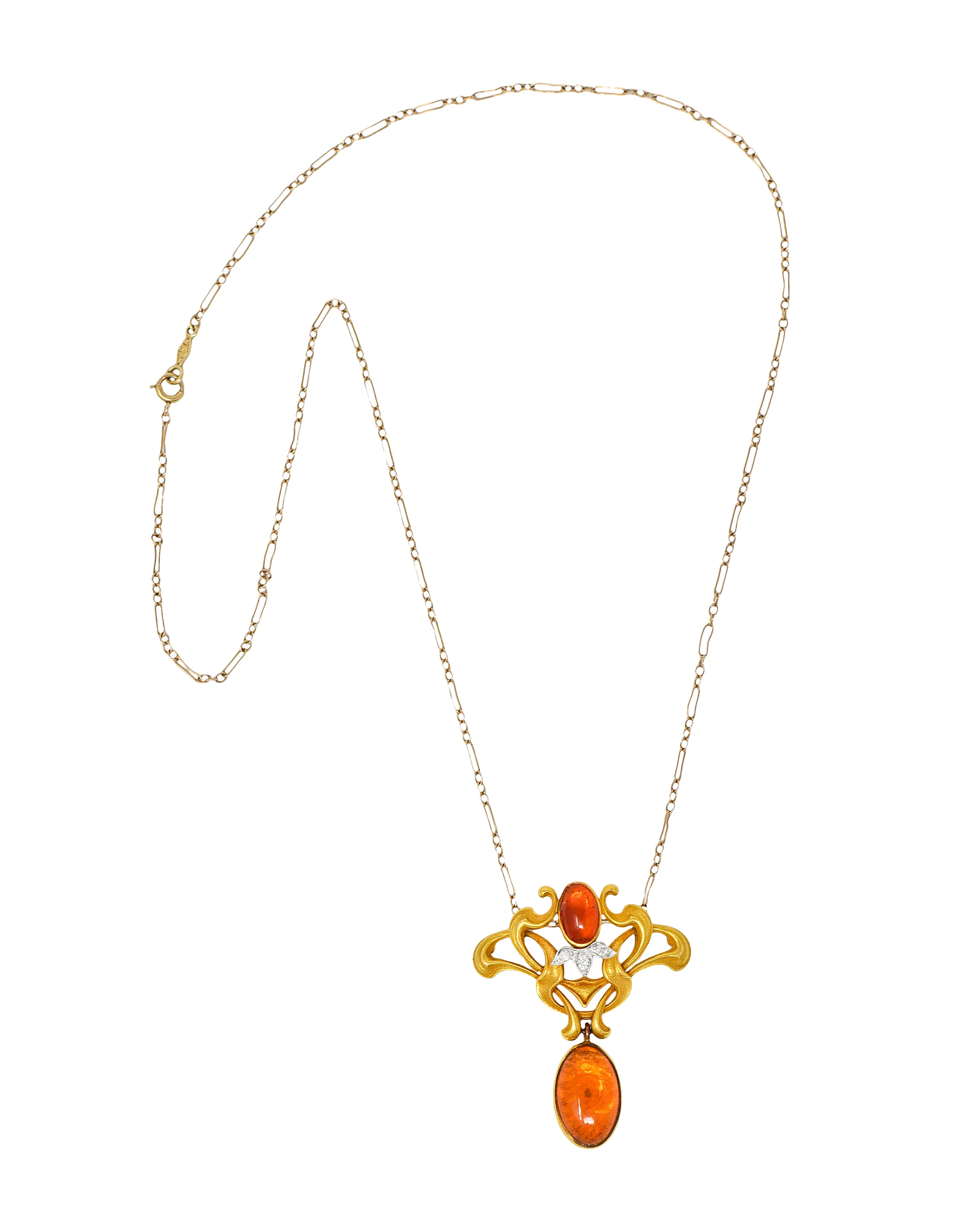 Art Nouveau Mexican Fire Opal Diamond 14 Karat Gold Whiplash Pendant Necklace - Image 3